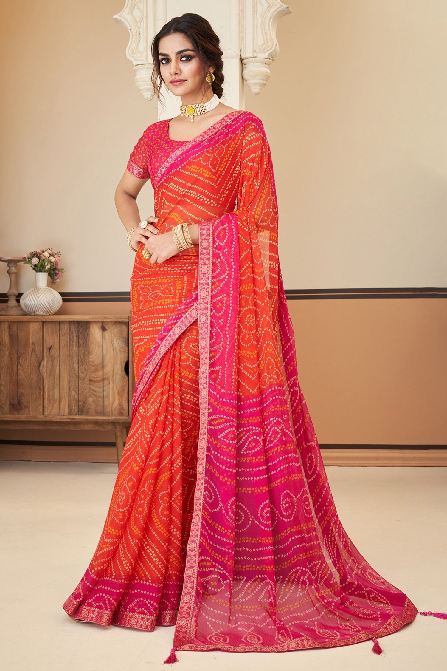 Buy MySilkLove Tuscany Pink Chiffon Bandhani saree Online