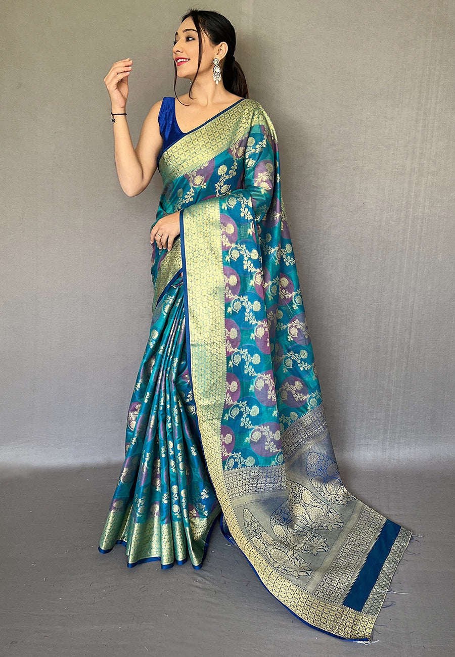 Buy MySilkLove Paradiso Blue Organza Multicolor Contrast Zari Woven Saree Online