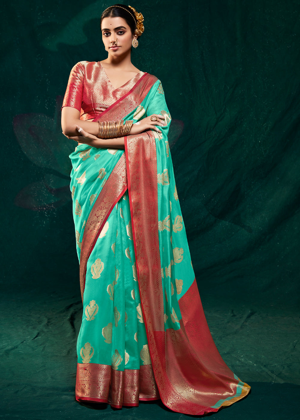 Buy MySilkLove Puerto Rico Green Woven Banarasi Organza Silk Saree Online
