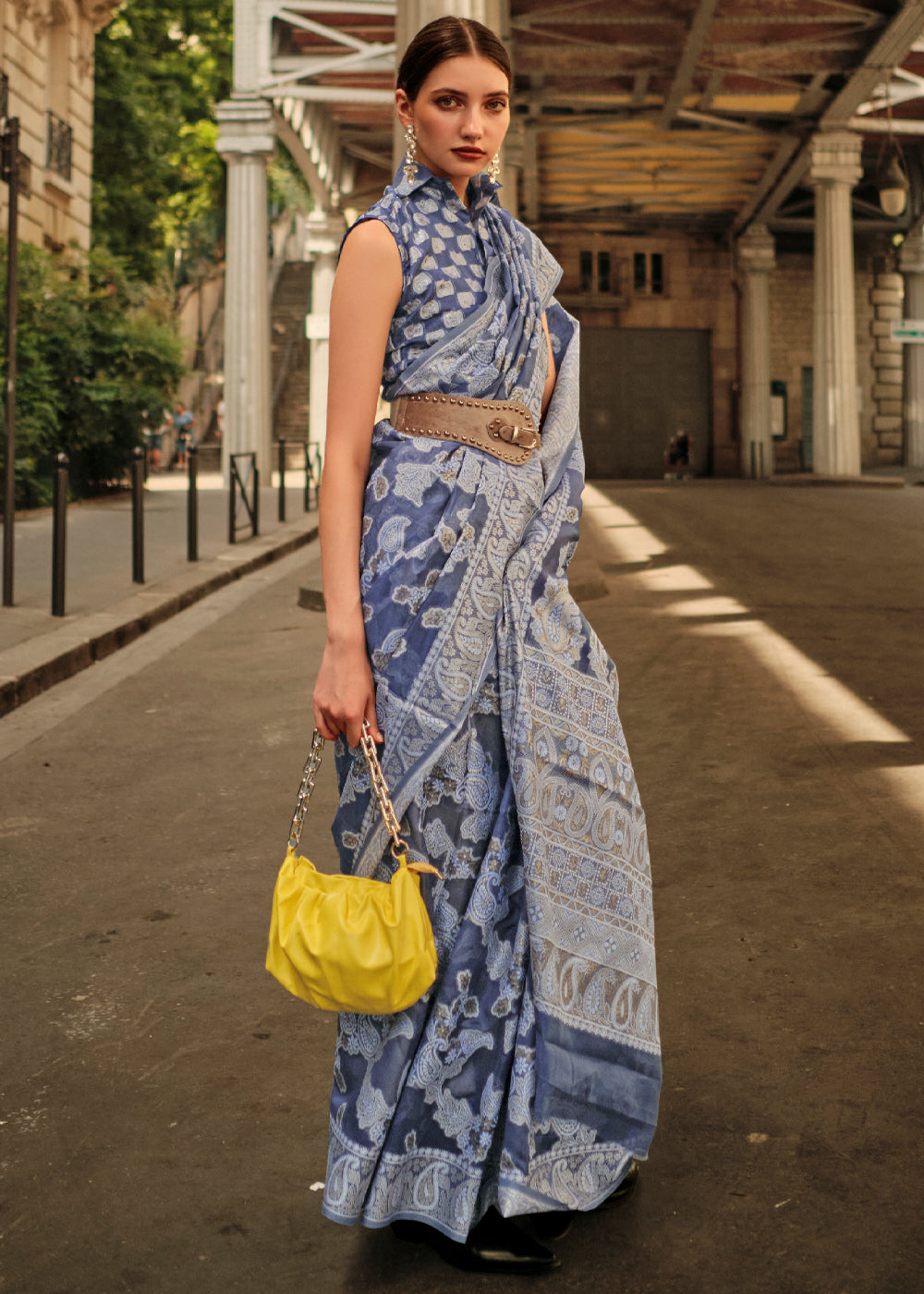 Buy MySilkLove Waterloo Blue Woven Lucknowi Chikankari Saree Online