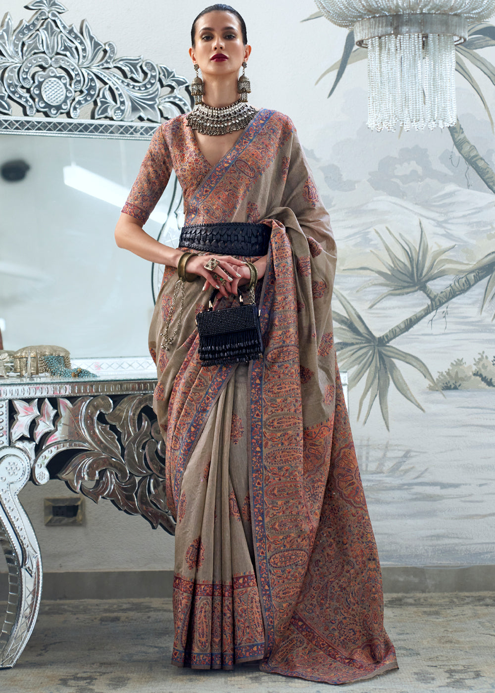 Buy MySilkLove Ebony Clay Grey Handloom Pure Kashmiri Jamawar Saree Online