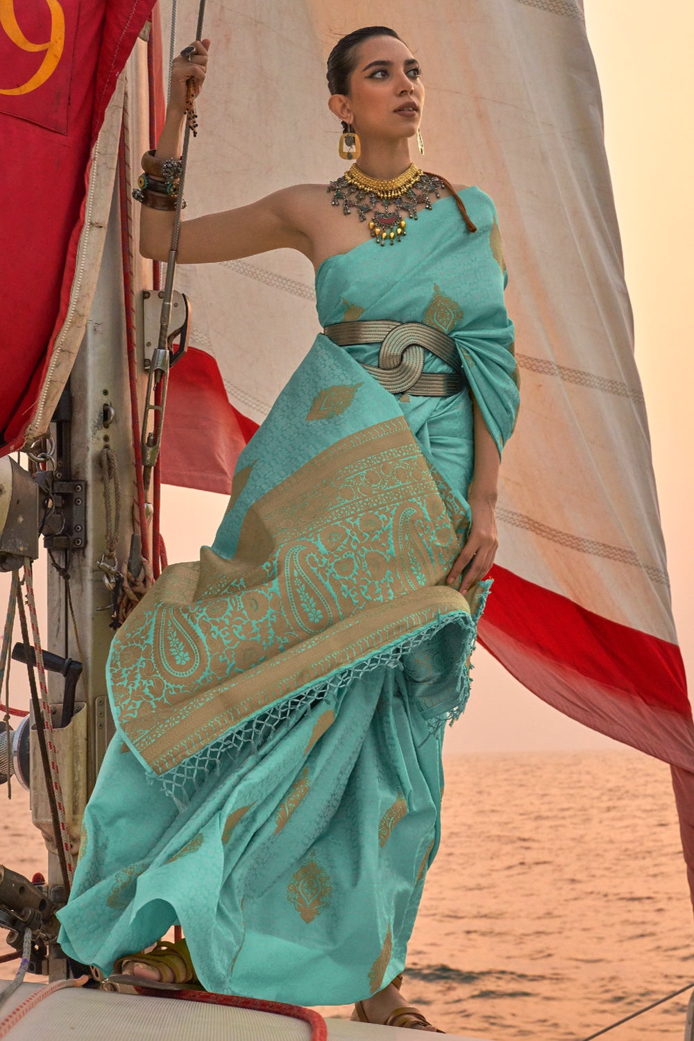 Buy MySilkLove Neptune Blue Woven Satin Handloom Silk Saree Online