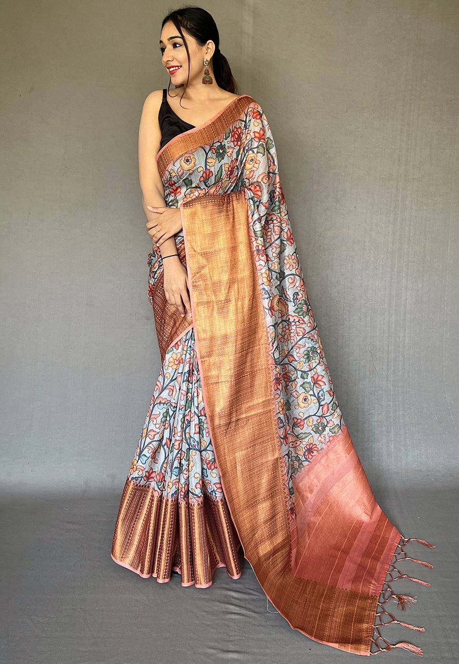 Buy MySilkLove Zorba Grey Zari Woven Cotton Kalamkari Digital Printed Saree Online