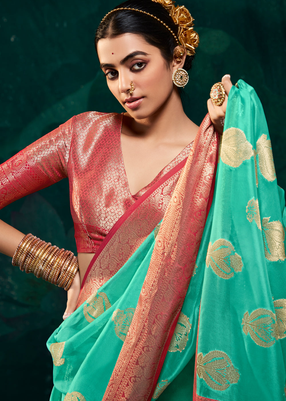 Buy MySilkLove Puerto Rico Green Woven Banarasi Organza Silk Saree Online