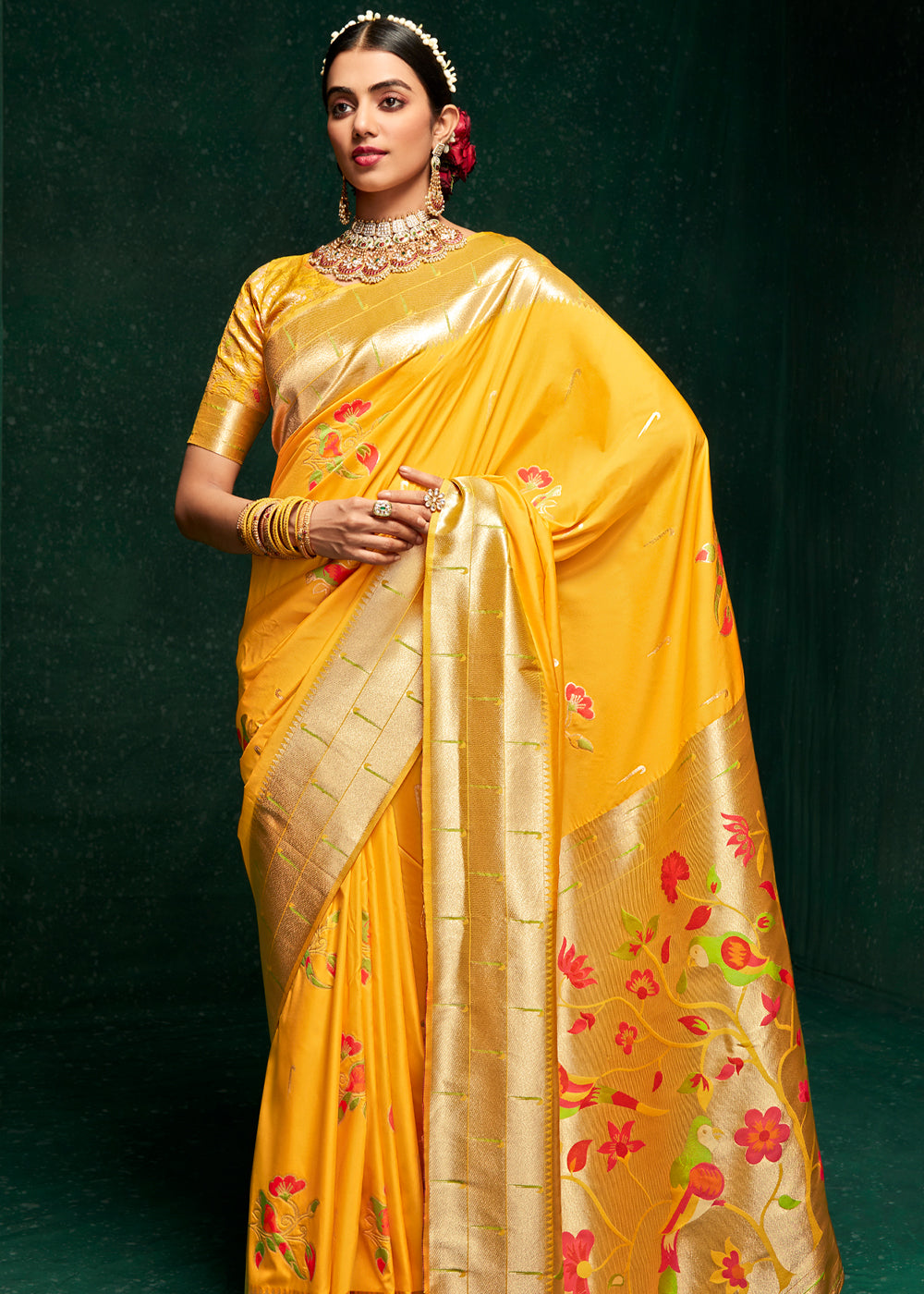 Buy MySilkLove Brandy Punch Yellow Woven Paithani Silk Saree With Brocade Blouse Online