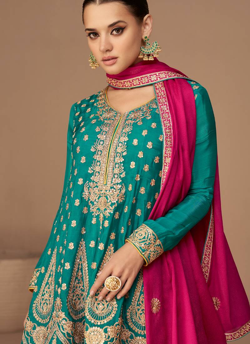 Buy MySilkLove Teal Green Embroidered Work Silk Semi Stitch Salwar Kameez With Dupatta Set Online