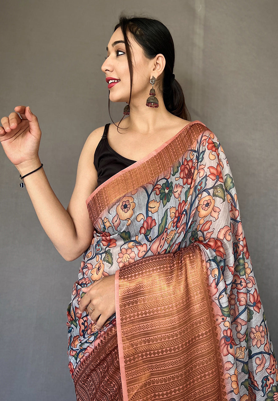 MySilkLove Zorba Grey Zari Woven Cotton Kalamkari Digital Printed Saree