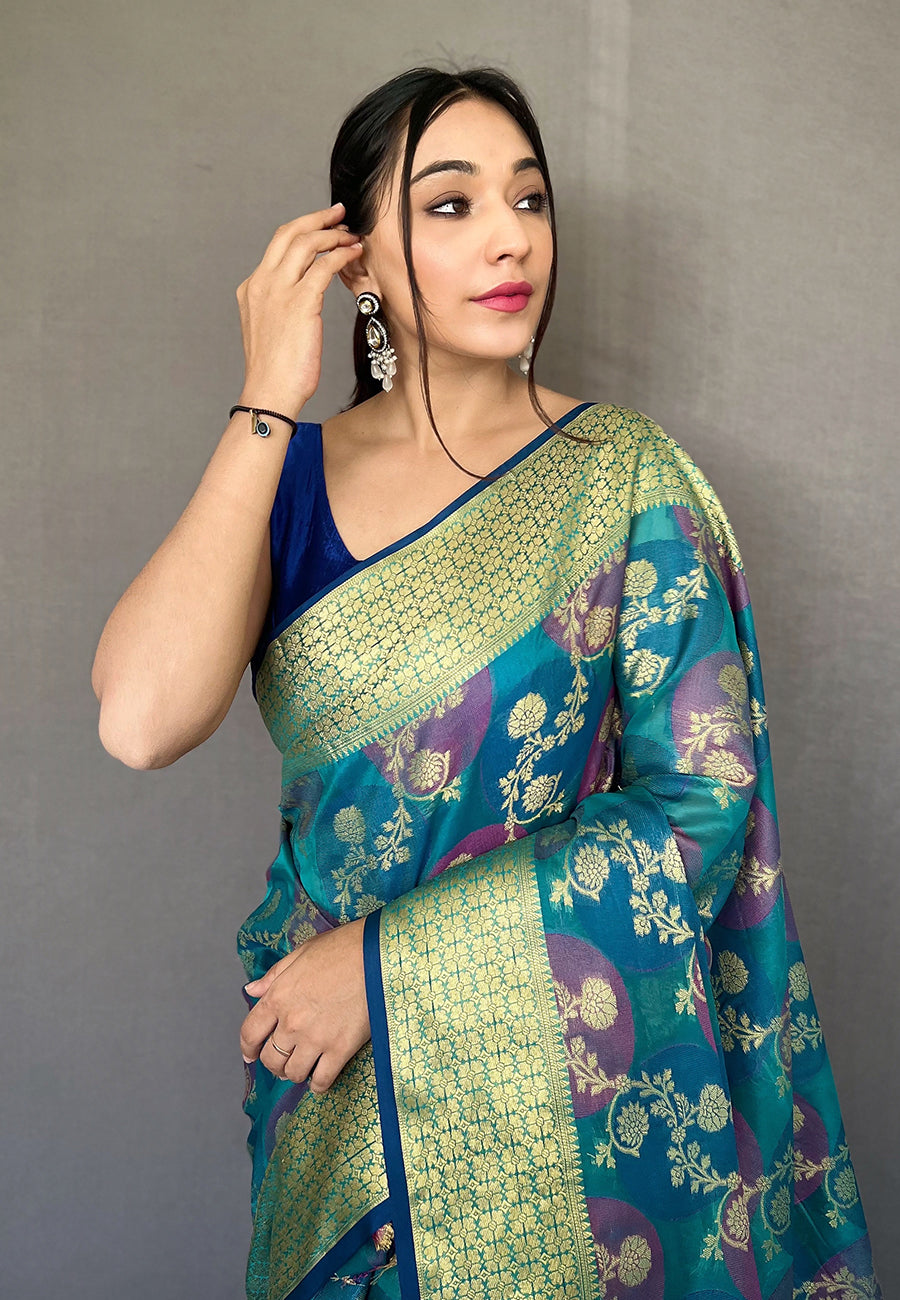 Buy MySilkLove Paradiso Blue Organza Multicolor Contrast Zari Woven Saree Online