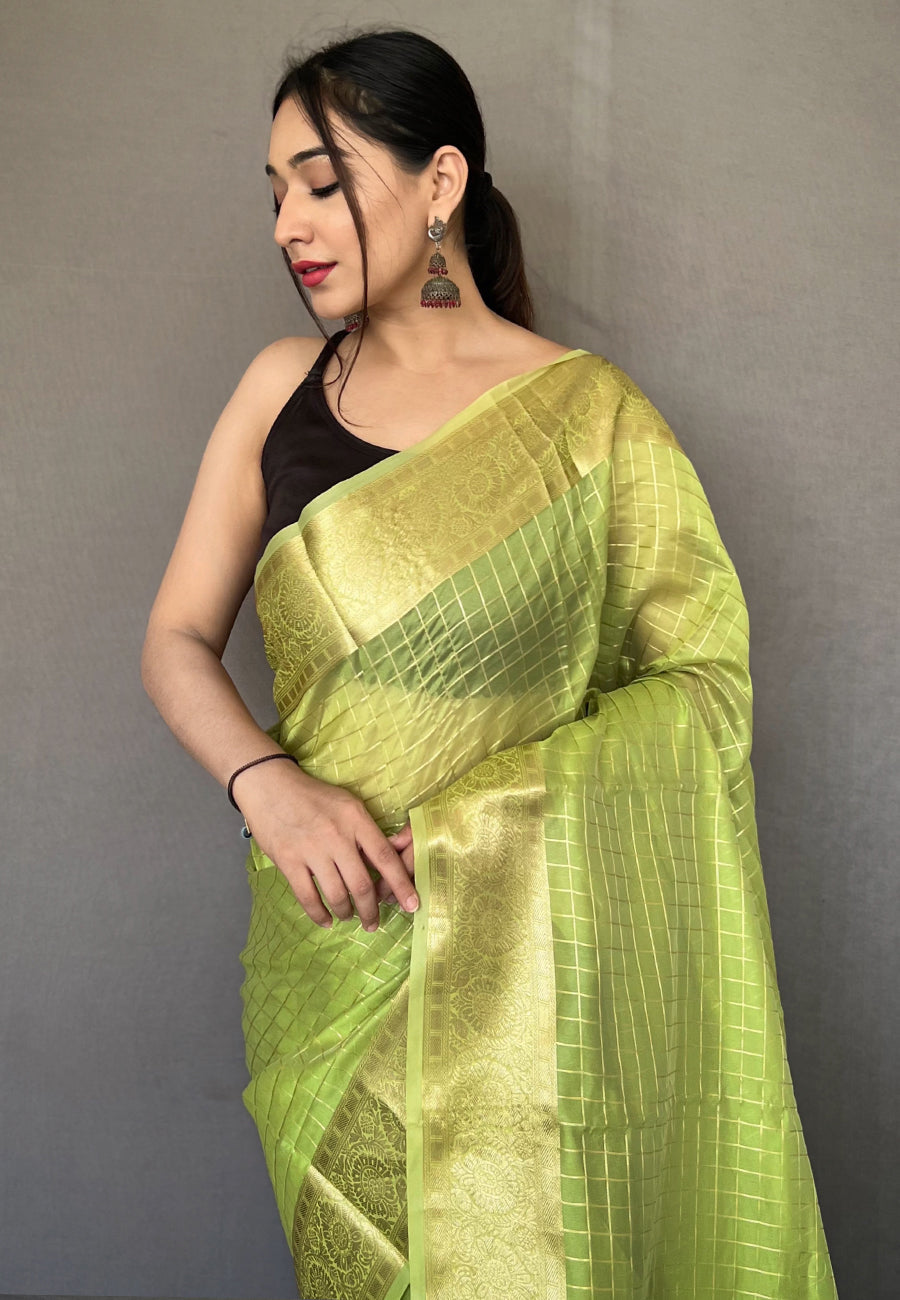 Buy MySilkLove Leaf Green Zari Woven Organza Checks Saree Online