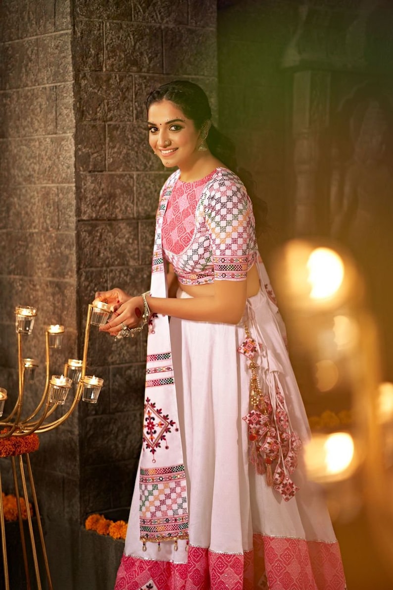 MySilkLove Chablis White and Pink Lehenga Choli