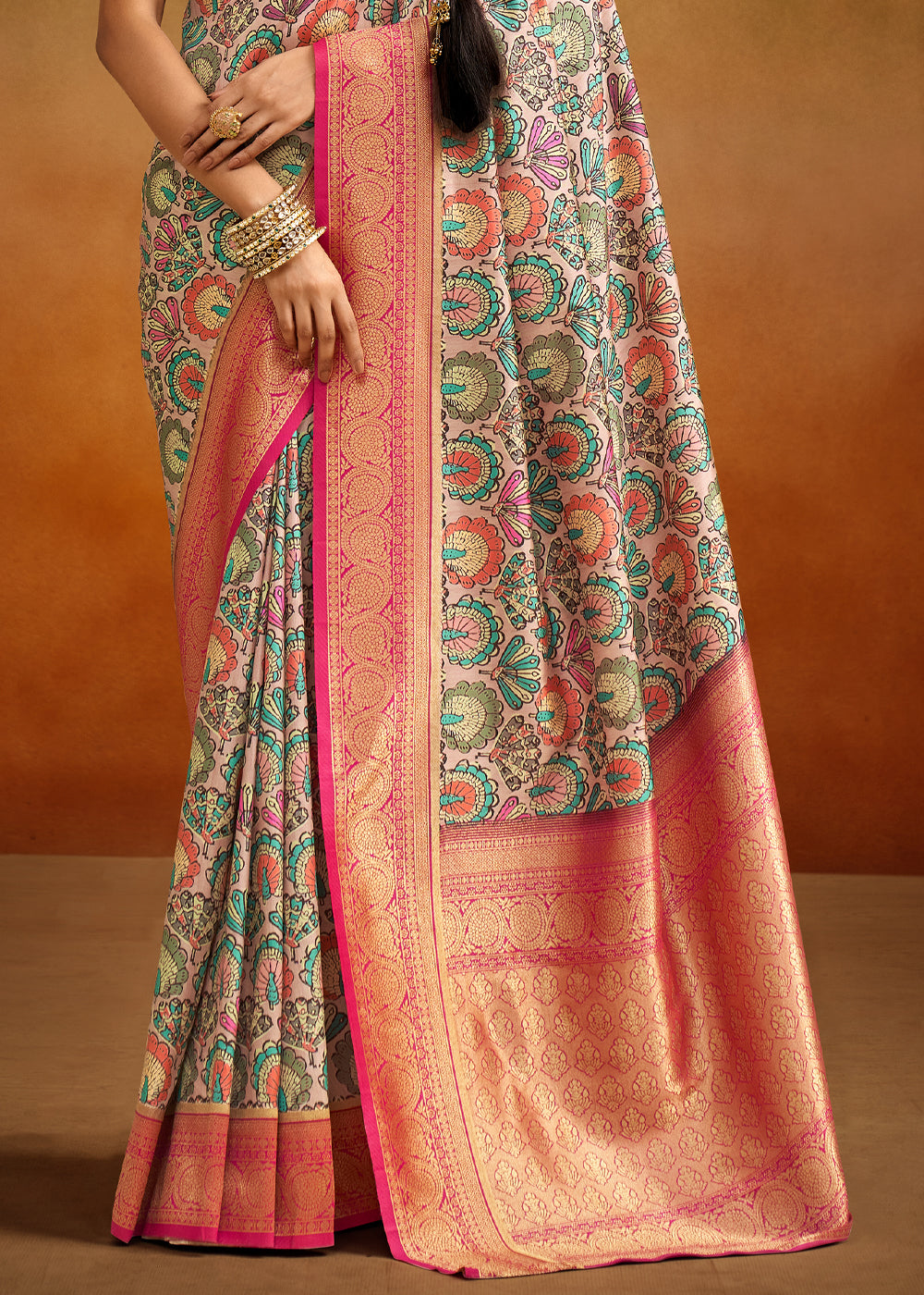 Buy MySilkLove Multicolor Brown Woven Banarasi Kalamkari Silk Saree Online