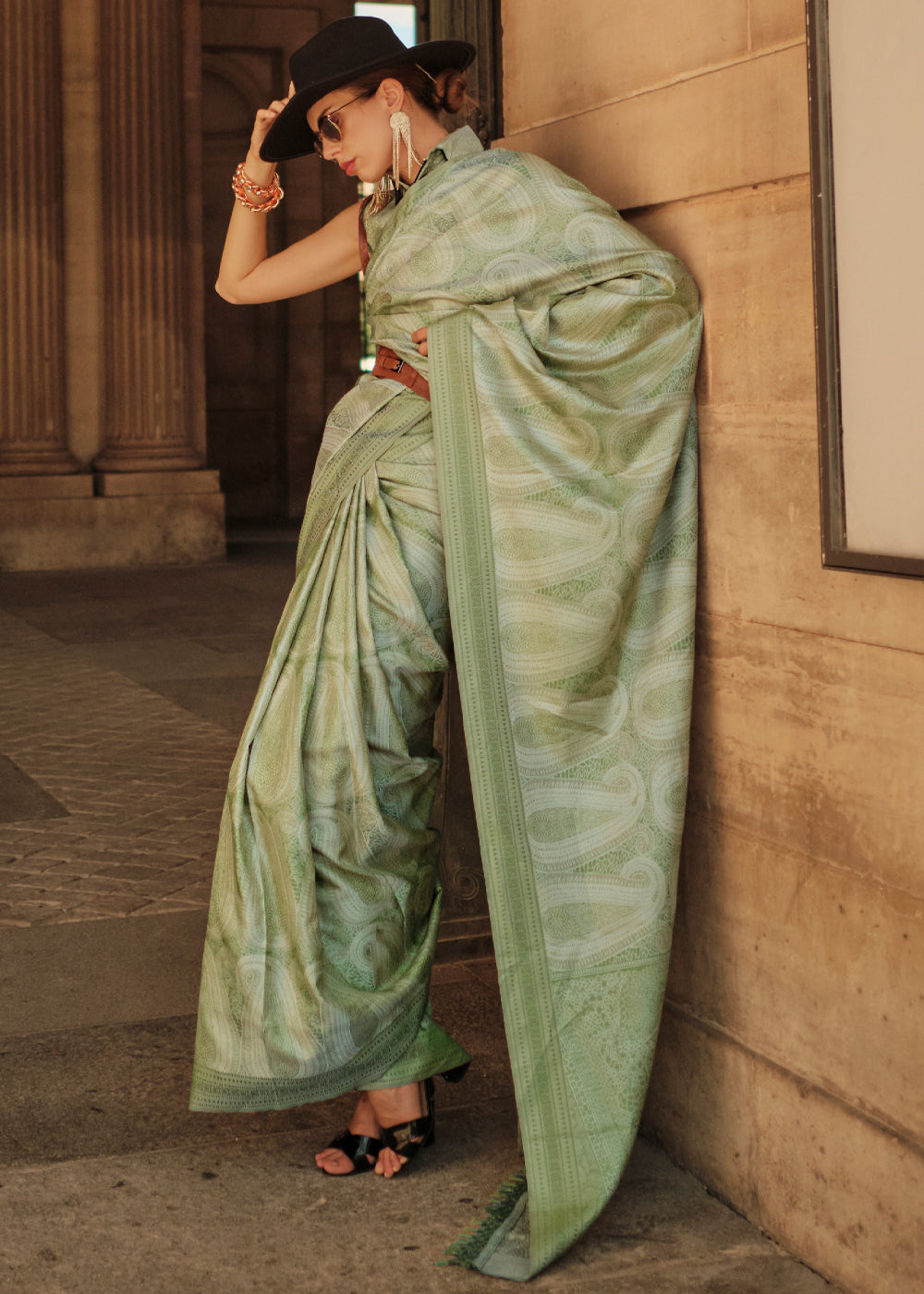 Buy MySilkLove Hillary Green Woven Kanjivaram Satin Silk Saree Online