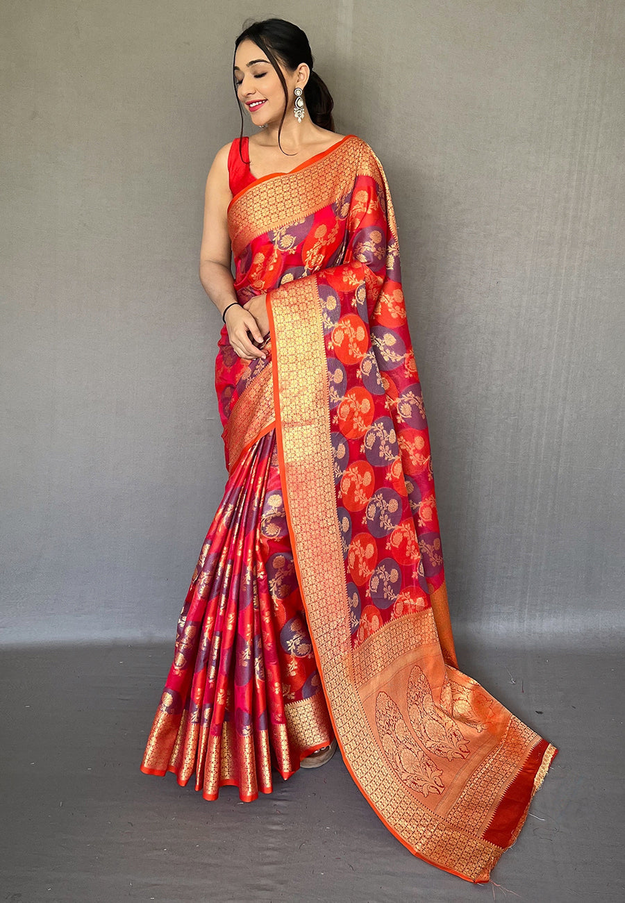 Buy MySilkLove Crimson Red Organza Multicolor Contrast Zari Woven Saree Online