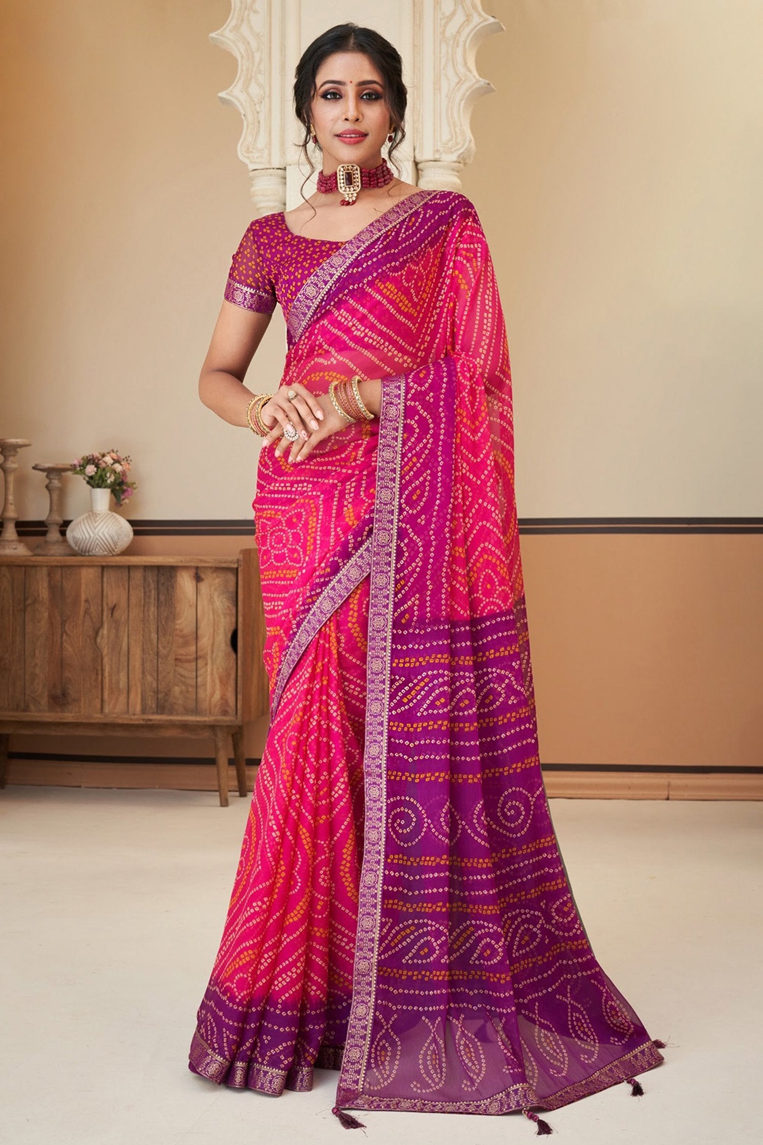 Buy MySilkLove Hibiscus Pink Chiffon Bandhani saree Online