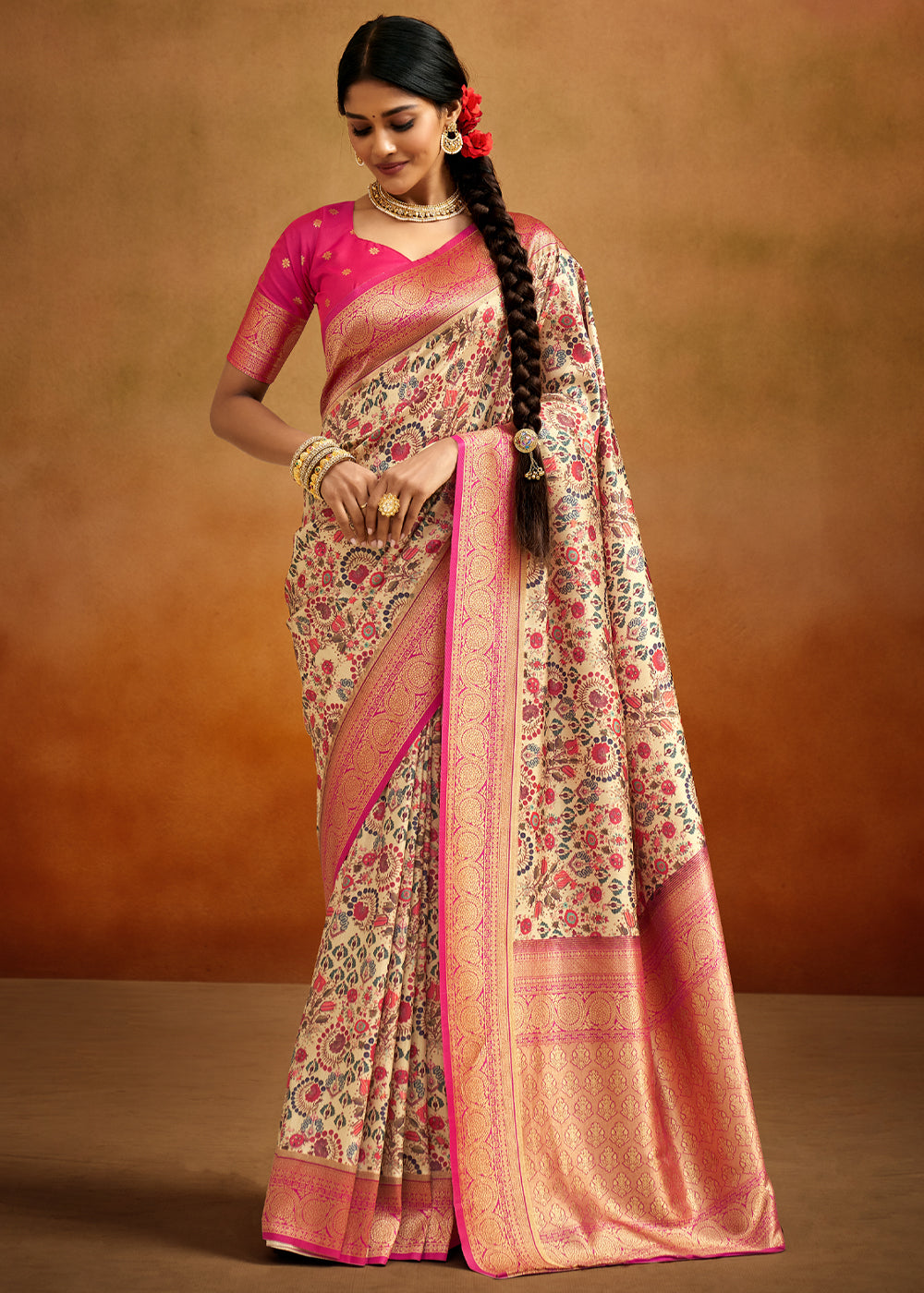 Buy MySilkLove Mongoose Cream and Pink Woven Banarasi Kalamkari Silk Saree Online