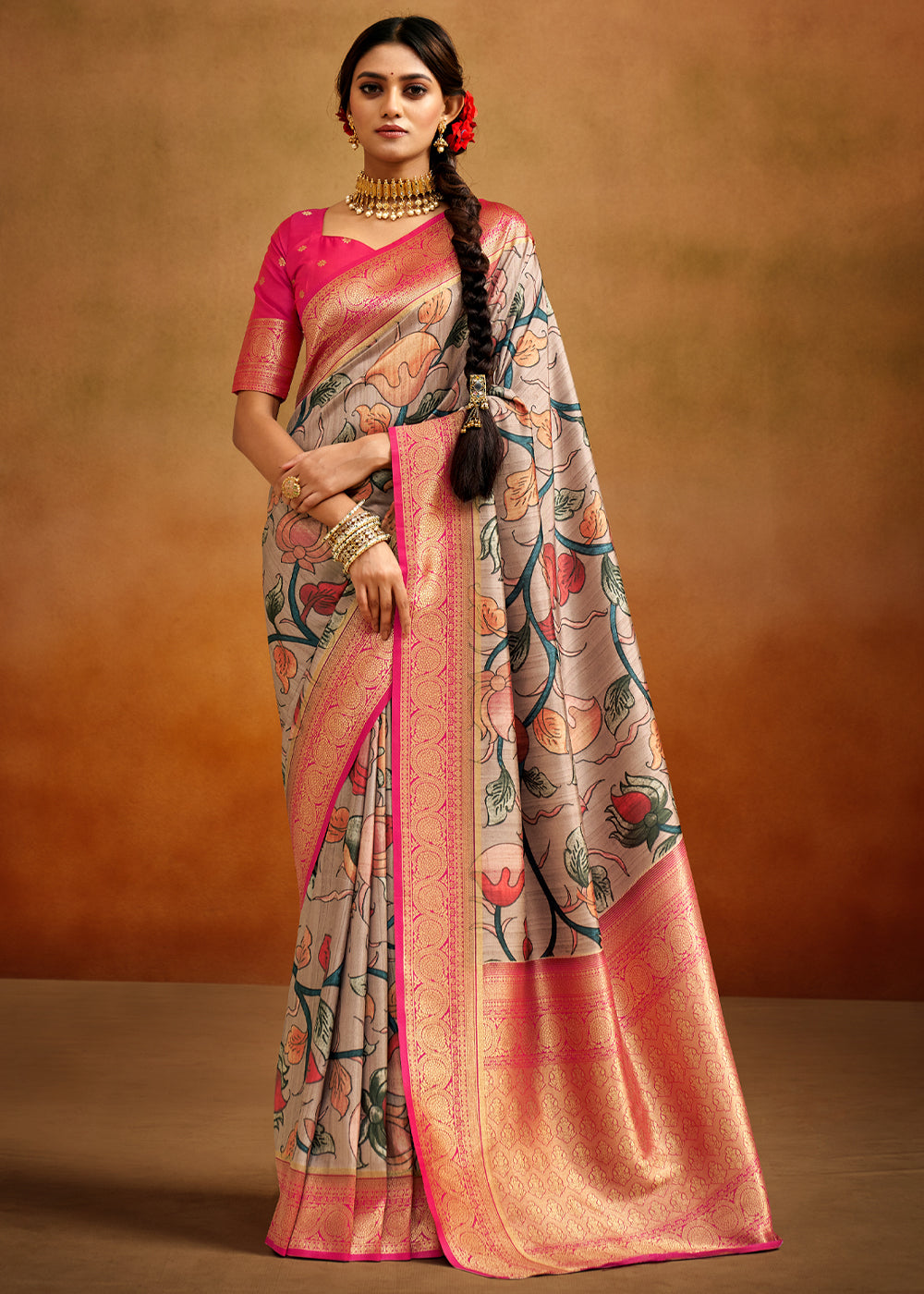 Buy MySilkLove Roman Grey and Pink Woven Banarasi Kalamkari Silk Saree Online