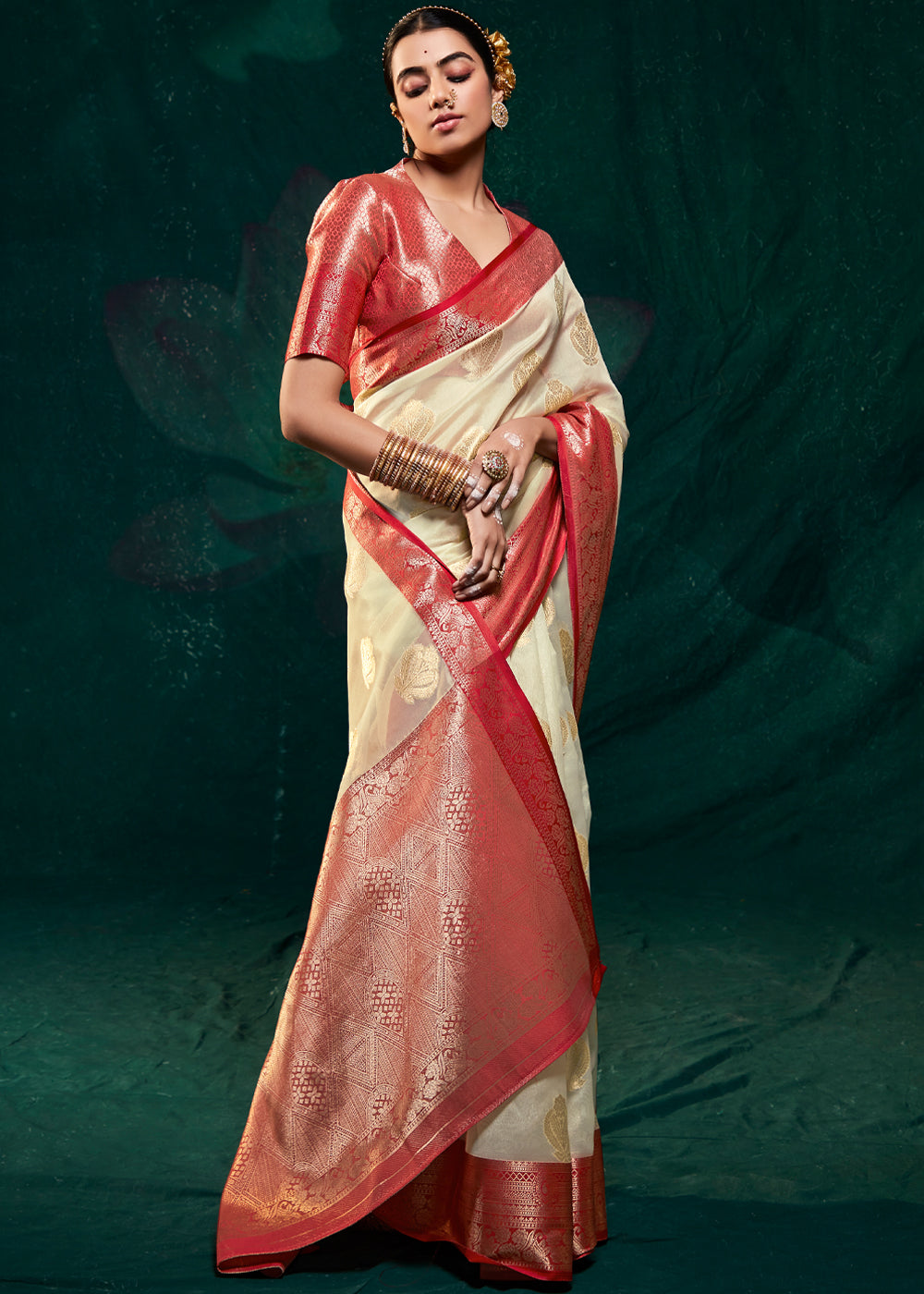 Buy MySilkLove Stark Cream Woven Banarasi Organza Silk Saree Online
