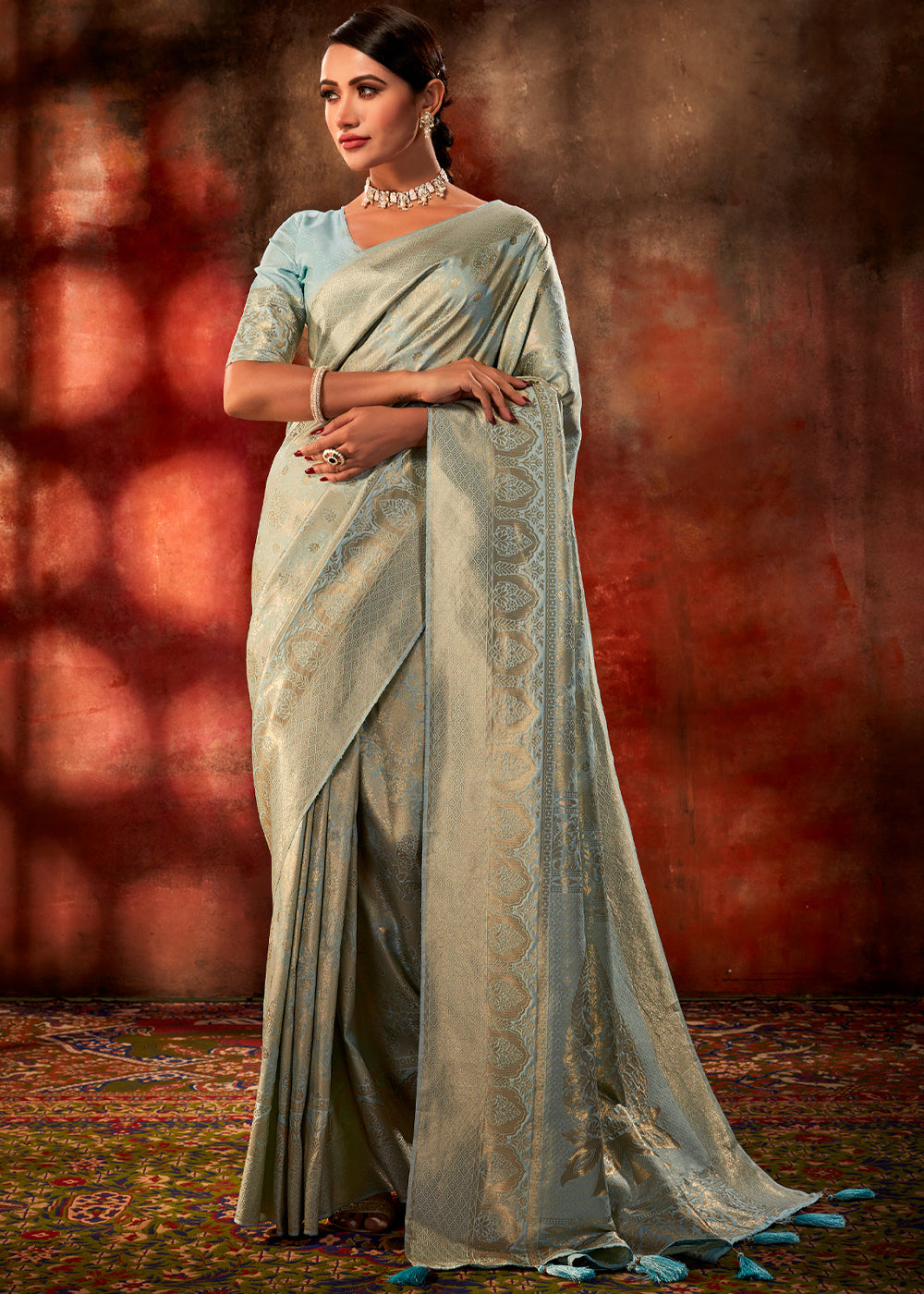Buy MySilkLove Eagle Blue Woven Kanjivaram Silk Saree Online