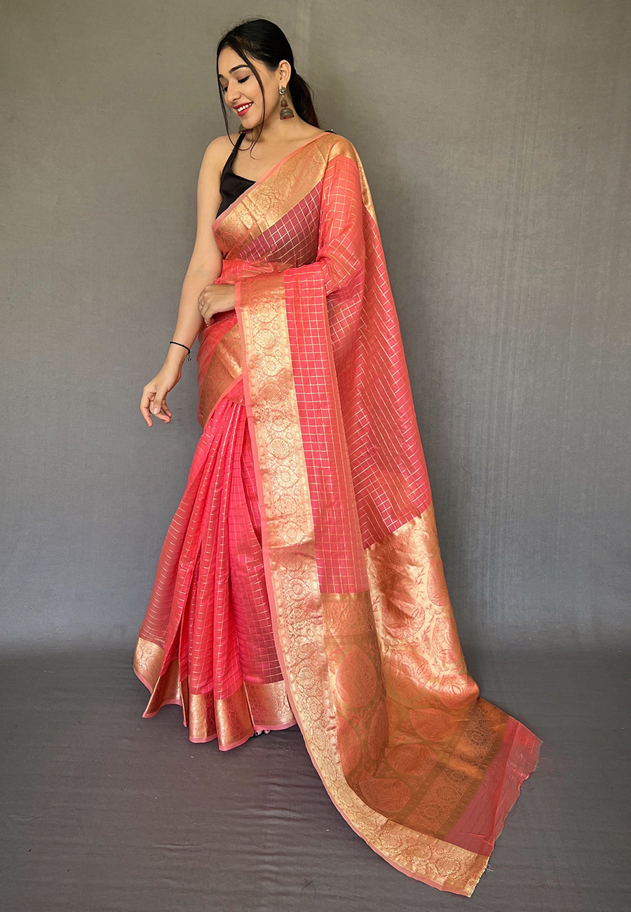 Buy MySilkLove Froly Pink Zari Woven Organza Checks Saree Online