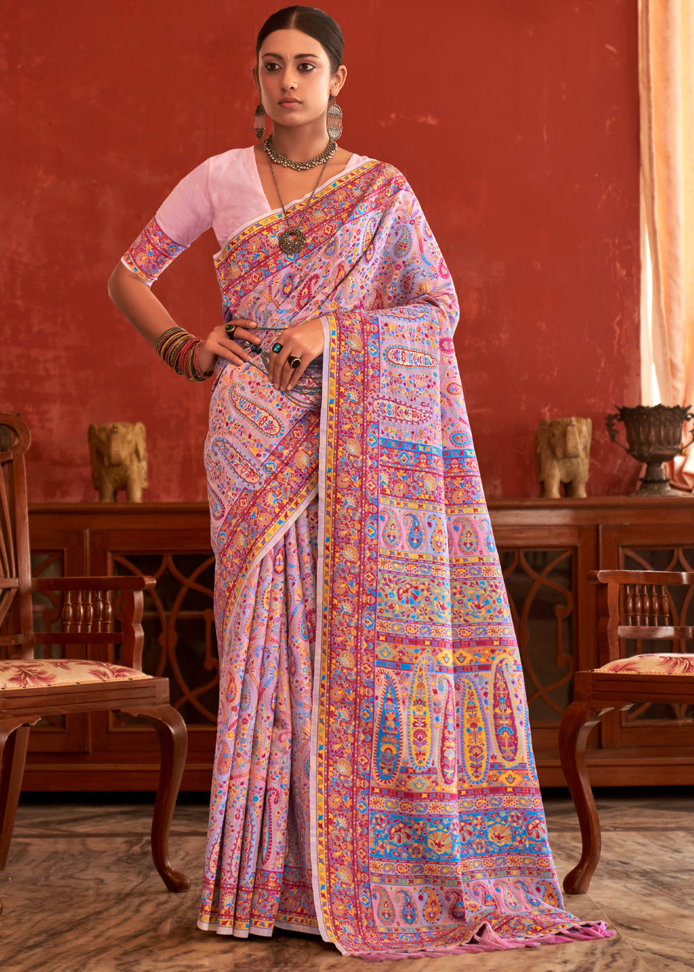 Buy MySilkLove Beauty Bush Pink Woven Kashmiri Jamewar Silk Saree Online