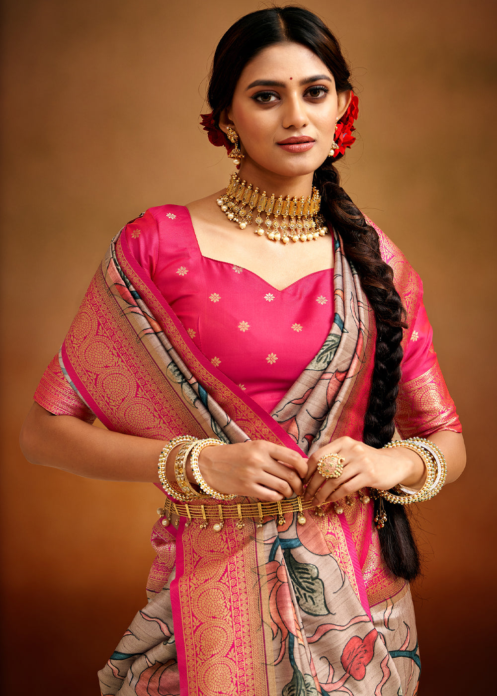 Buy MySilkLove Roman Grey and Pink Woven Banarasi Kalamkari Silk Saree Online