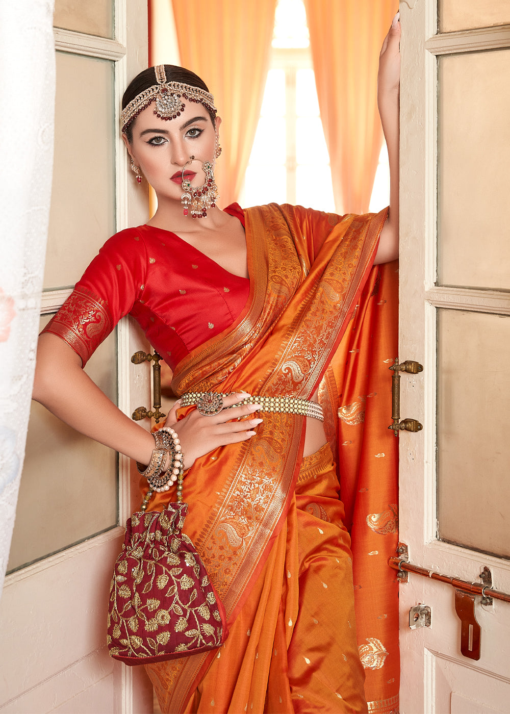 MySilkLove Jaffa Orange Woven Banarasi Soft Silk Saree