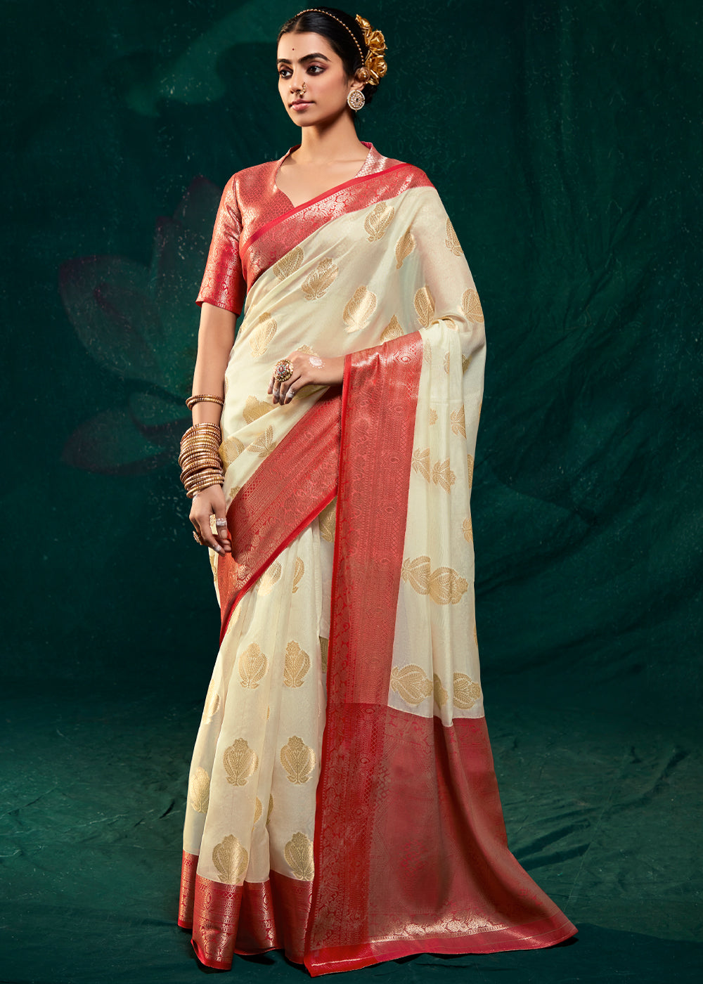 Buy MySilkLove Stark Cream Woven Banarasi Organza Silk Saree Online