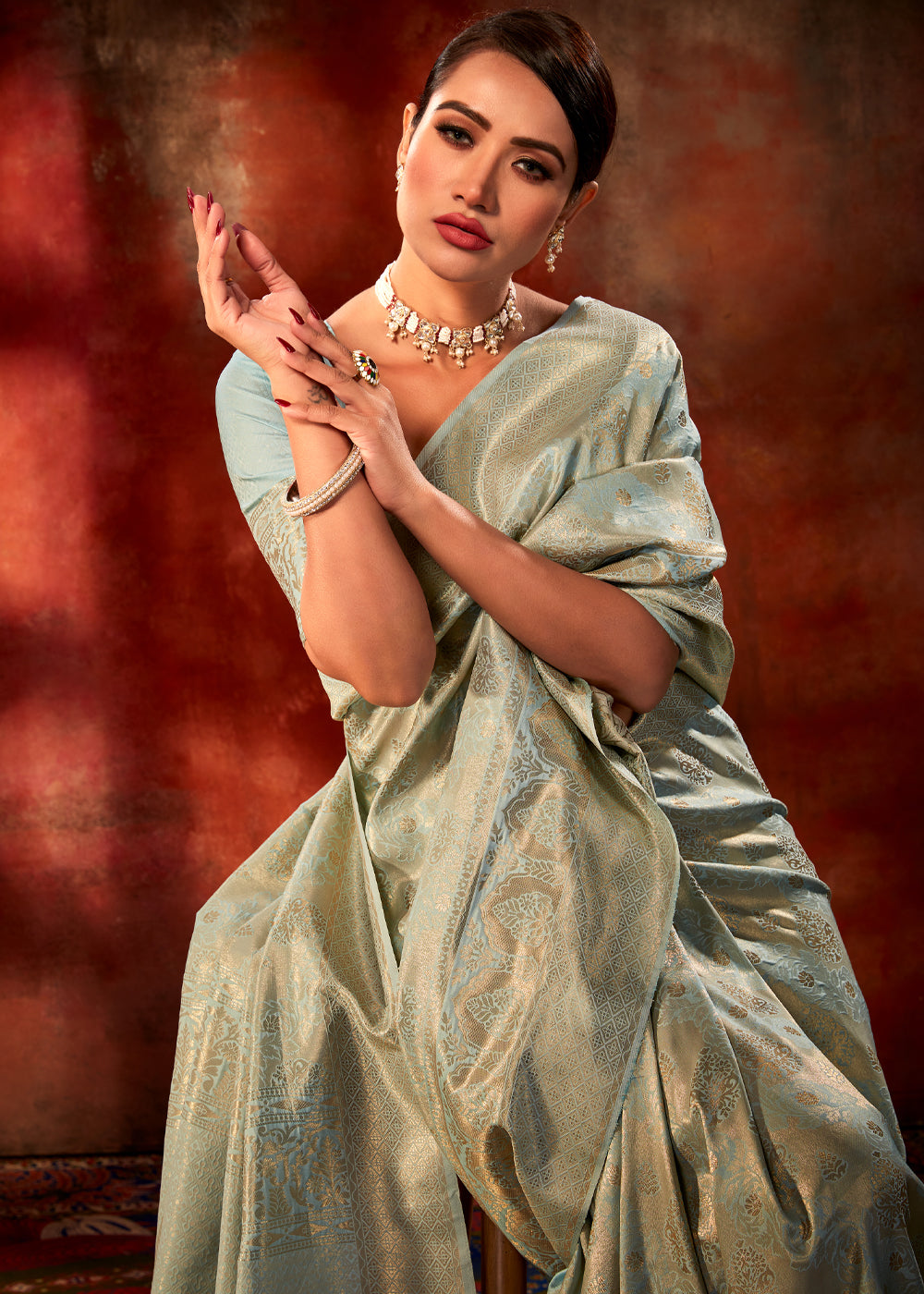 Buy MySilkLove Eagle Blue Woven Kanjivaram Silk Saree Online