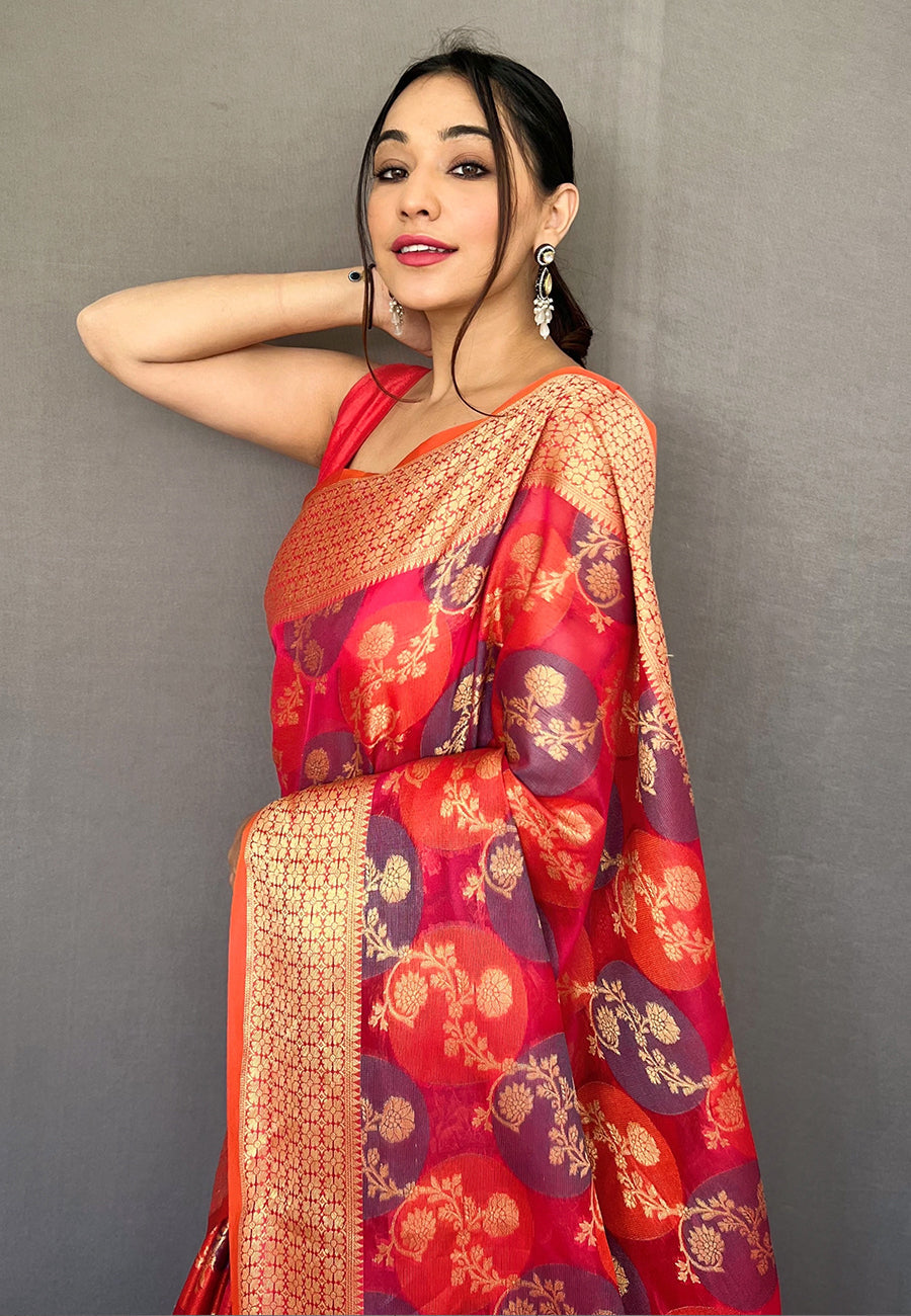 Buy MySilkLove Crimson Red Organza Multicolor Contrast Zari Woven Saree Online