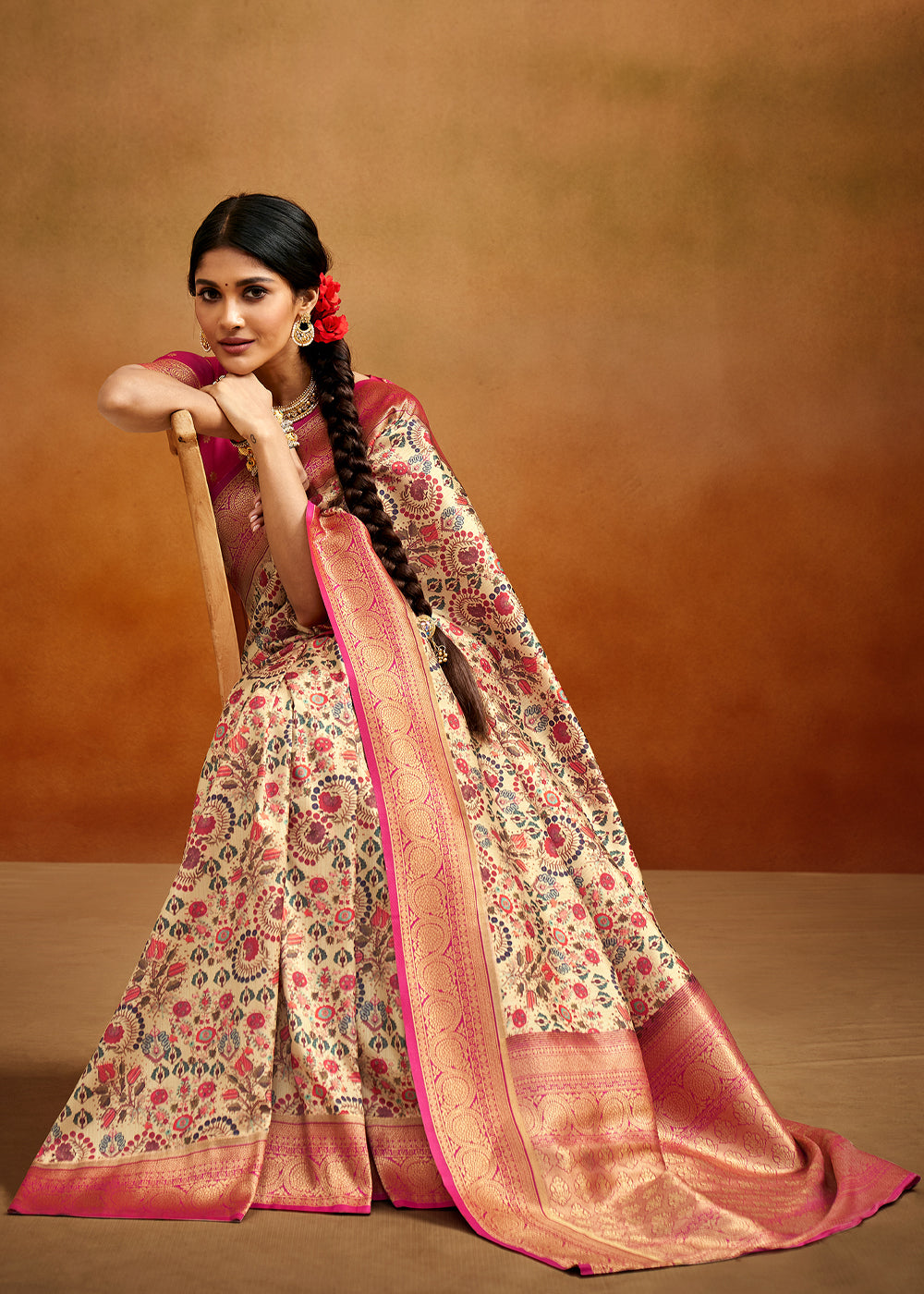 Buy MySilkLove Mongoose Cream and Pink Woven Banarasi Kalamkari Silk Saree Online