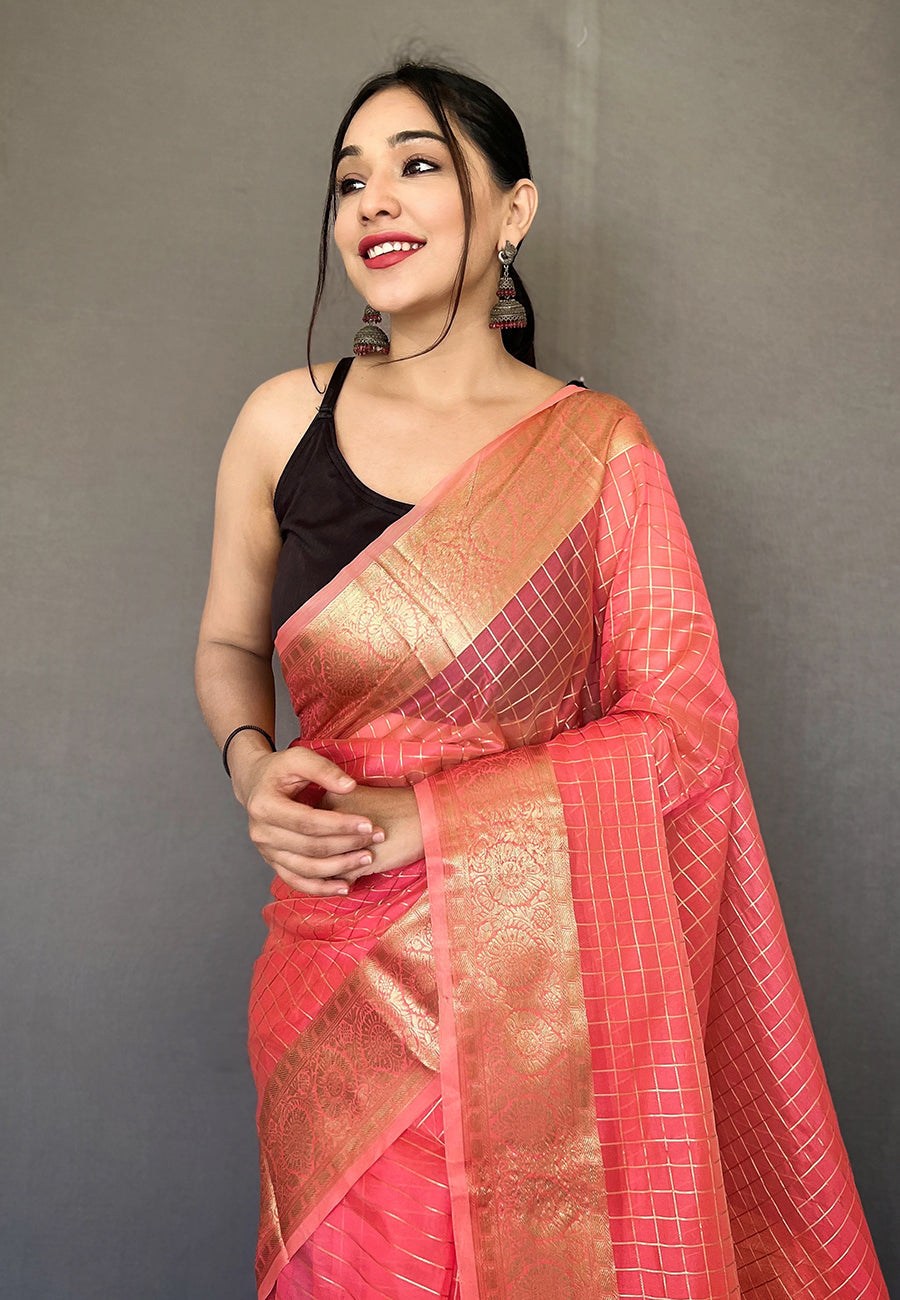 Buy MySilkLove Froly Pink Zari Woven Organza Checks Saree Online