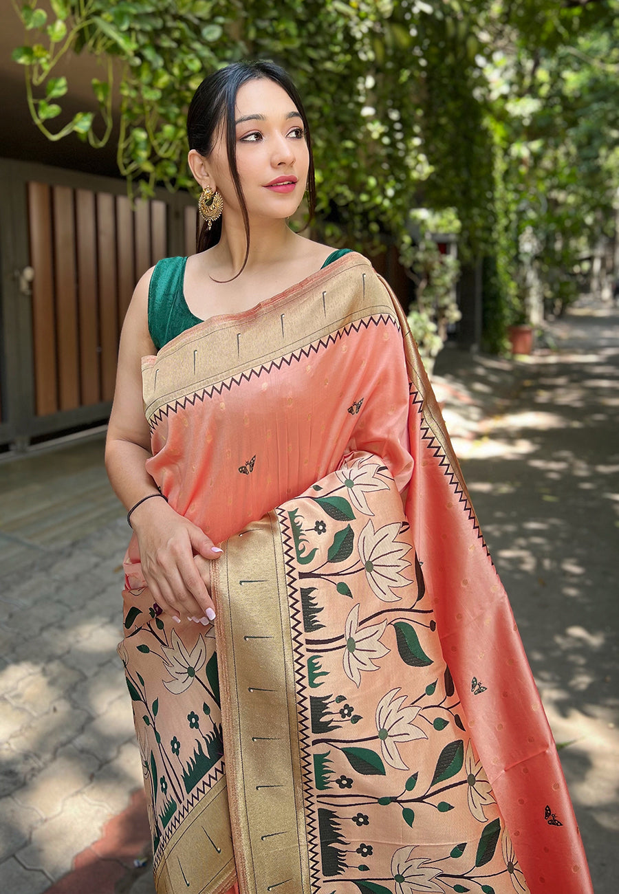 Buy MySilkLove Rose Bud Peach Zari Woven Titli Royal Paithani Silk Saree Online