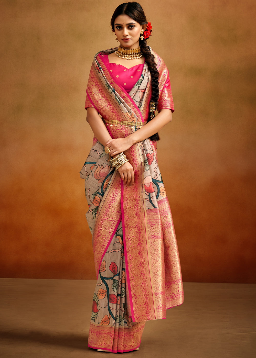 Buy MySilkLove Roman Grey and Pink Woven Banarasi Kalamkari Silk Saree Online