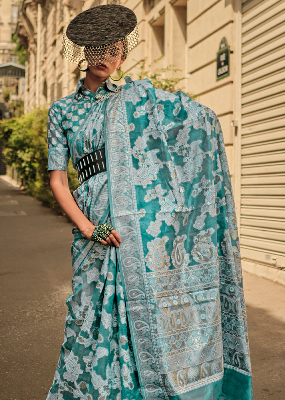 Buy MySilkLove Pewter Blue Woven Lucknowi Chikankari Saree Online