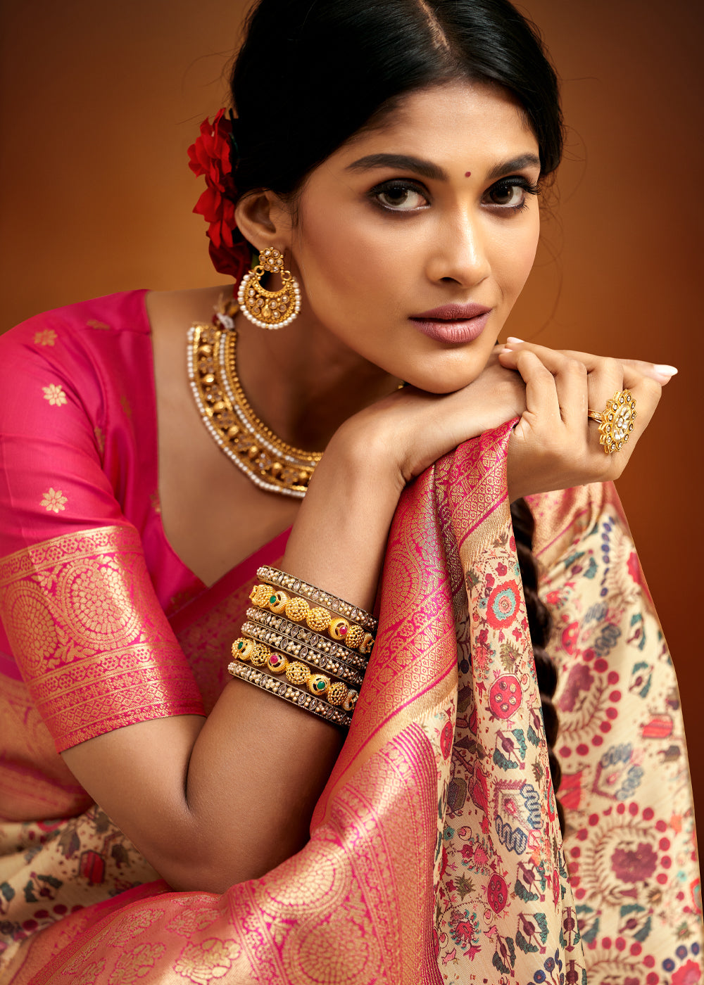 Buy MySilkLove Mongoose Cream and Pink Woven Banarasi Kalamkari Silk Saree Online