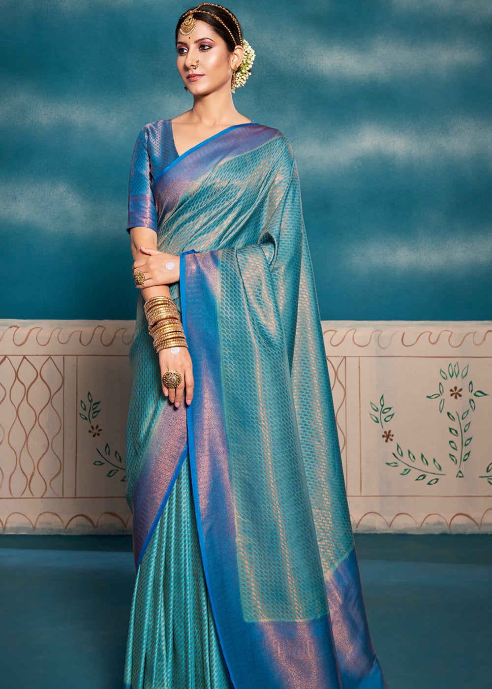 Buy MySilkLove Ming Blue Woven Kanjivaram Silk Saree Online