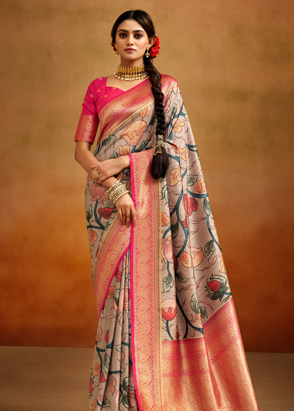 Buy MySilkLove Roman Grey and Pink Woven Banarasi Kalamkari Silk Saree Online
