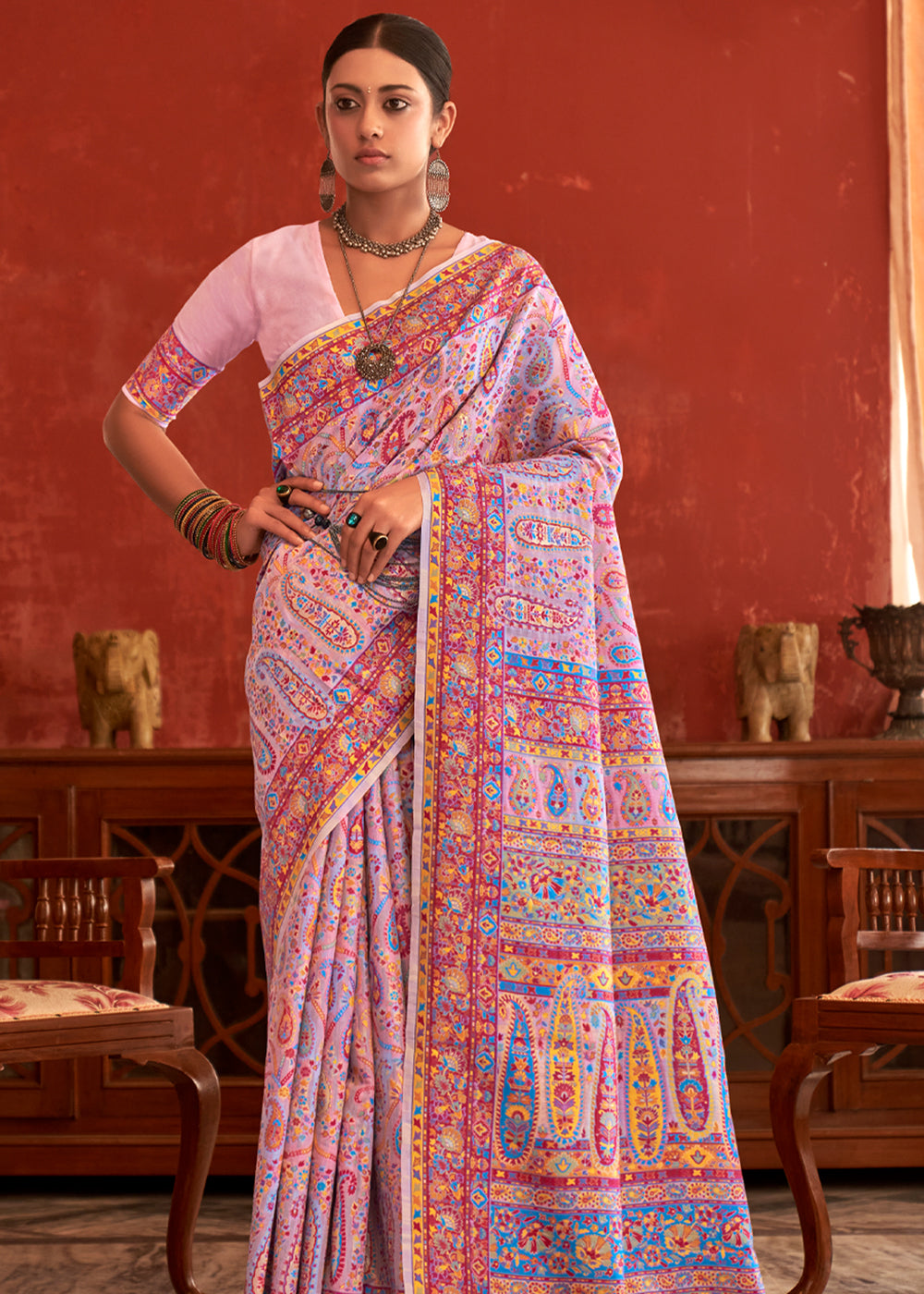 Buy MySilkLove Beauty Bush Pink Woven Kashmiri Jamewar Silk Saree Online