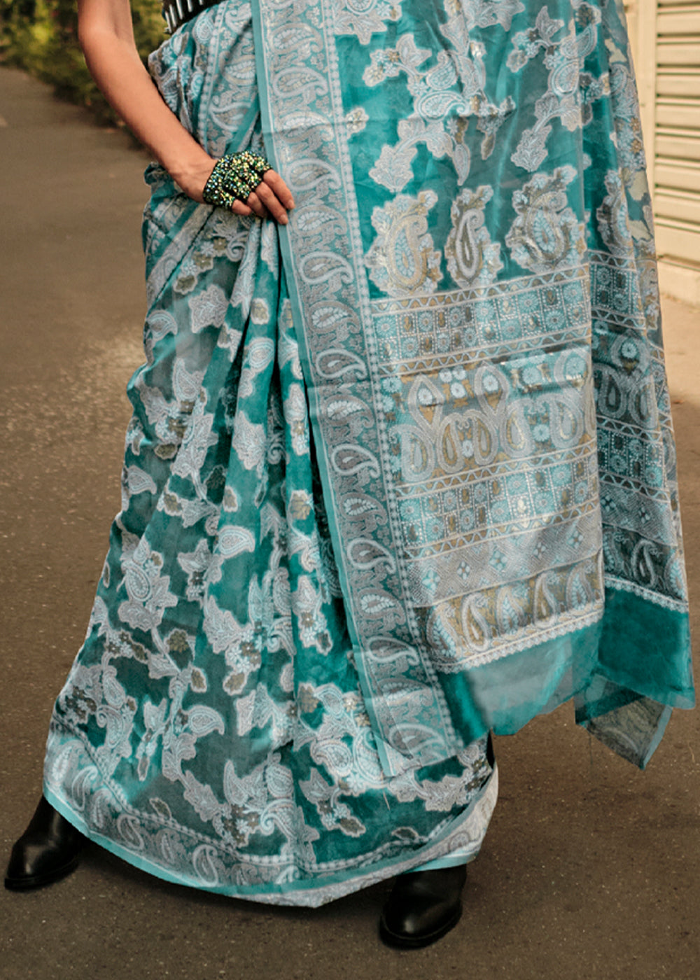 Buy MySilkLove Pewter Blue Woven Lucknowi Chikankari Saree Online