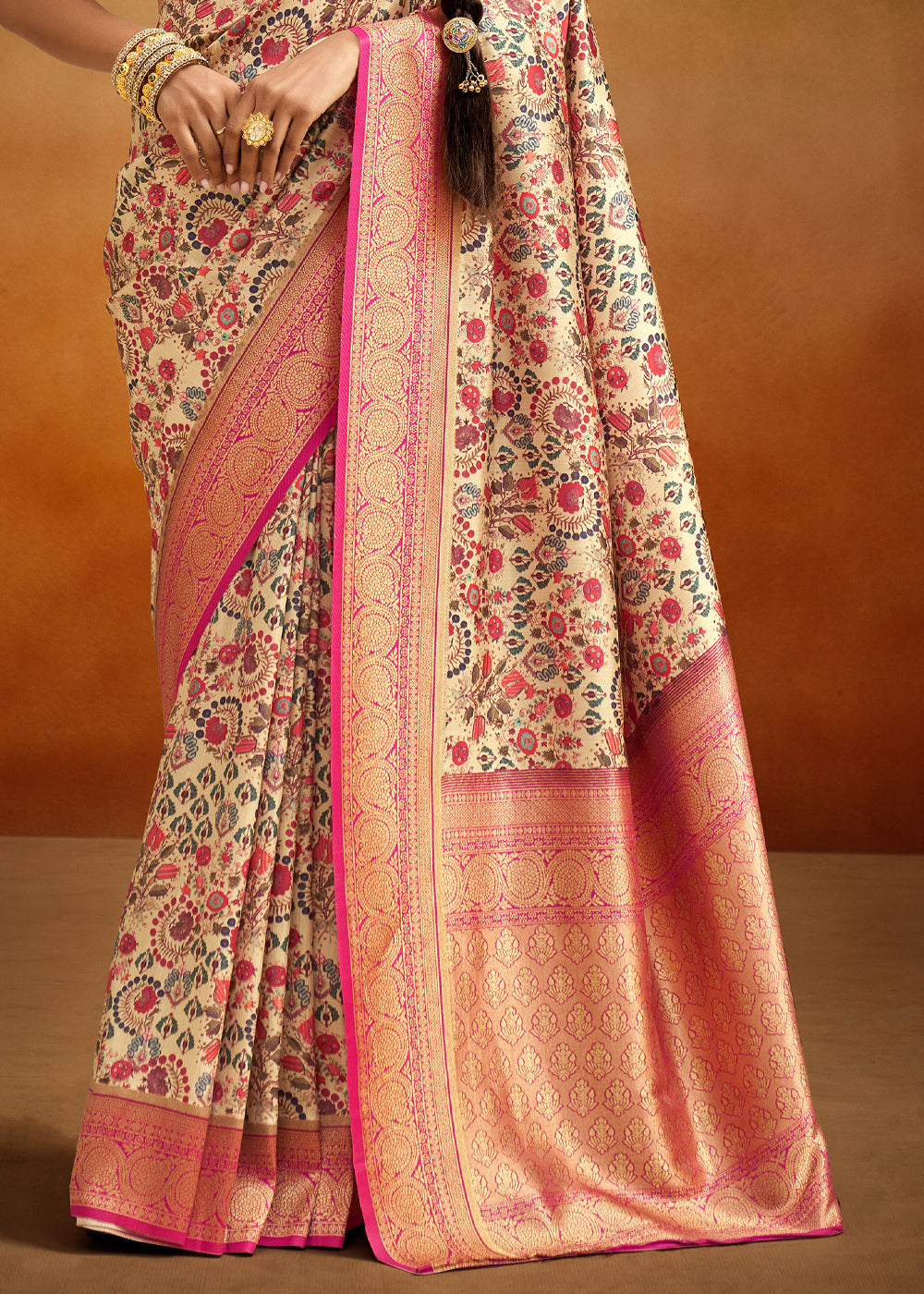Buy MySilkLove Mongoose Cream and Pink Woven Banarasi Kalamkari Silk Saree Online