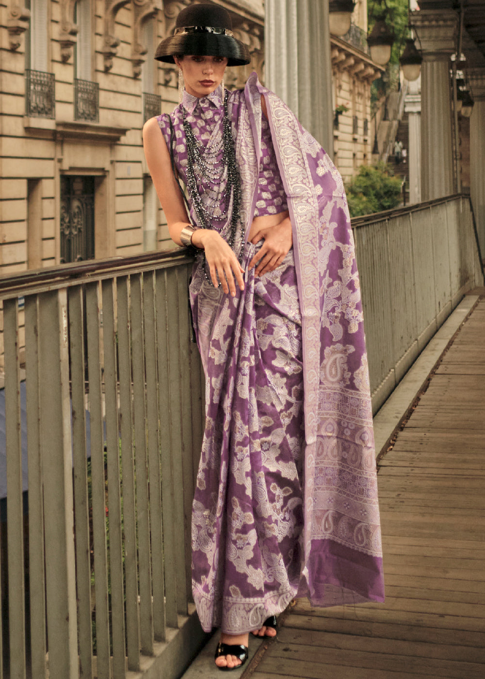 Buy MySilkLove Sugar Plum Purple Woven Lucknowi Chikankari Saree Online