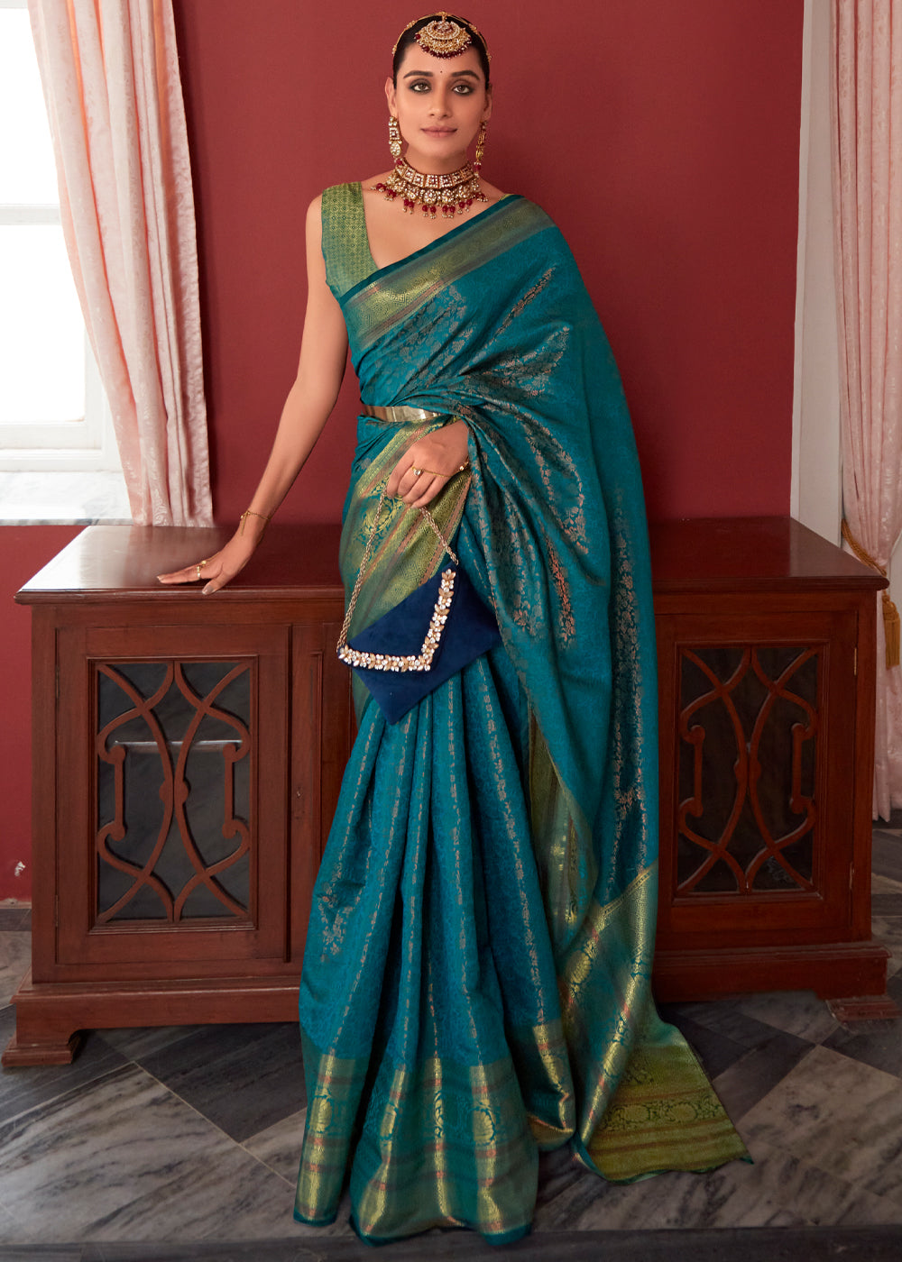 Buy MySilkLove Casal Blue Bronze Zari Woven Kanjivaram Silk Saree Online