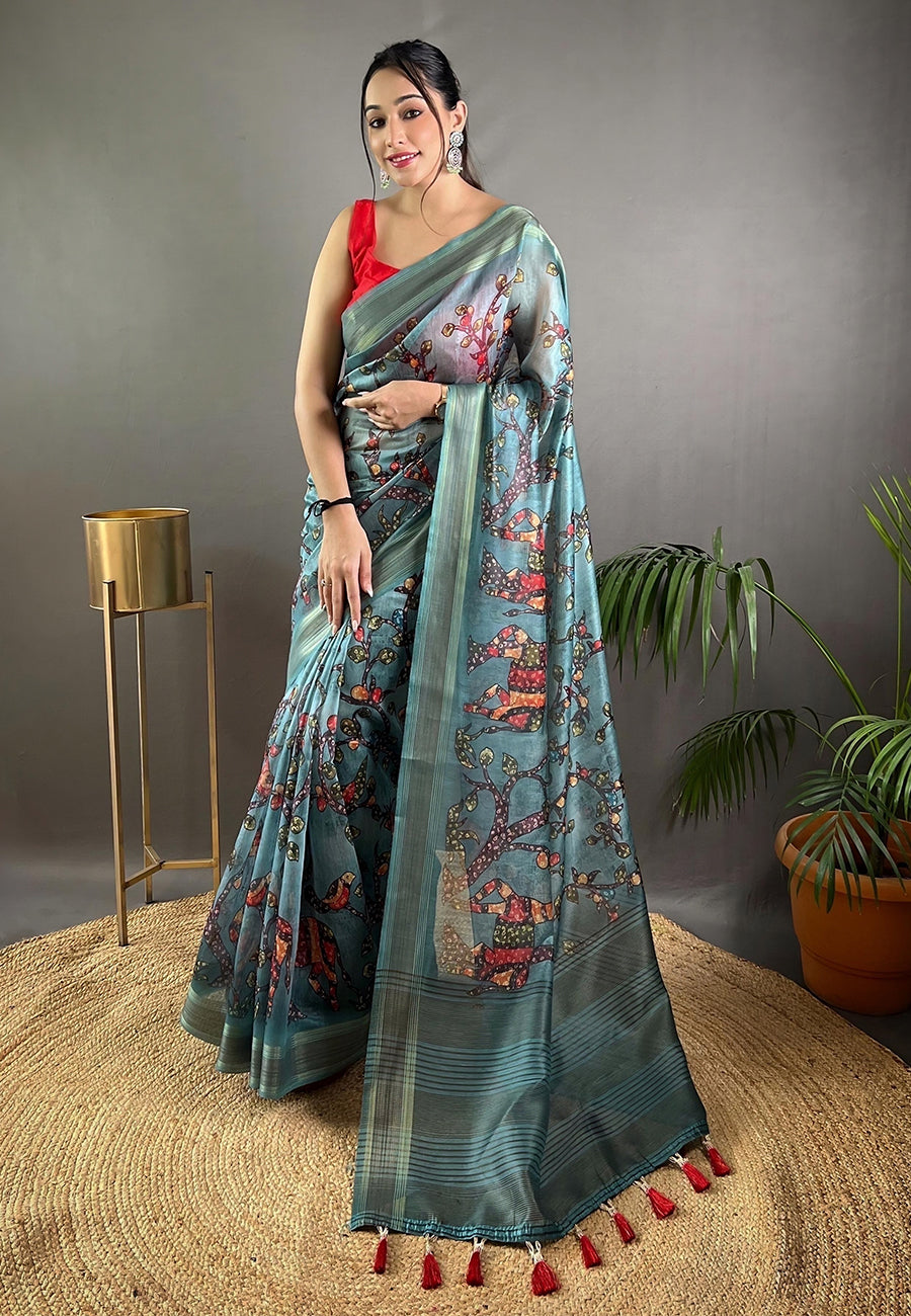 Buy MySilkLove Edgewater Blue Cotton Kalamkari Printed Saree Online