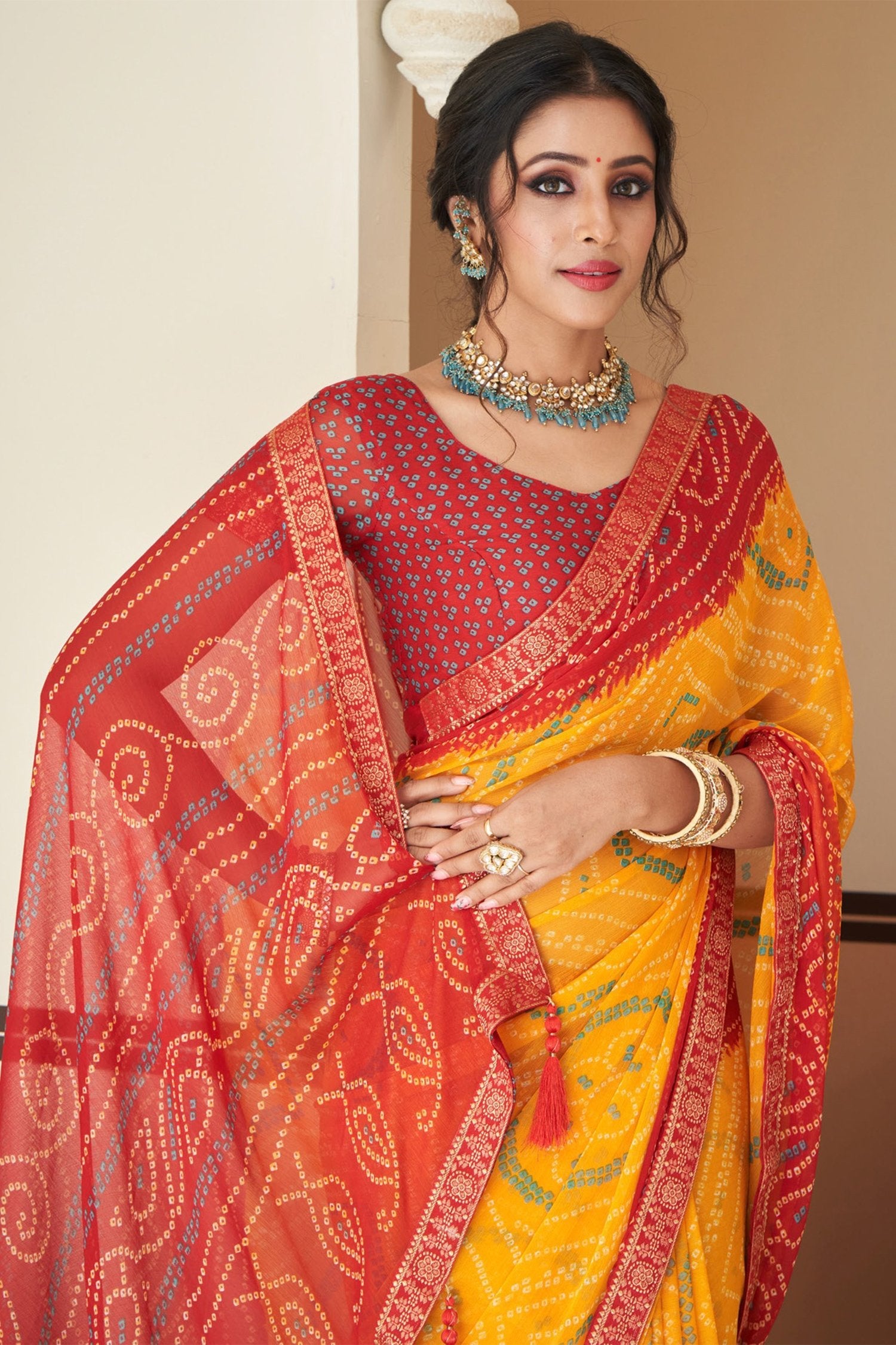 Buy MySilkLove Zest Yellow Chiffon Bandhani saree Online