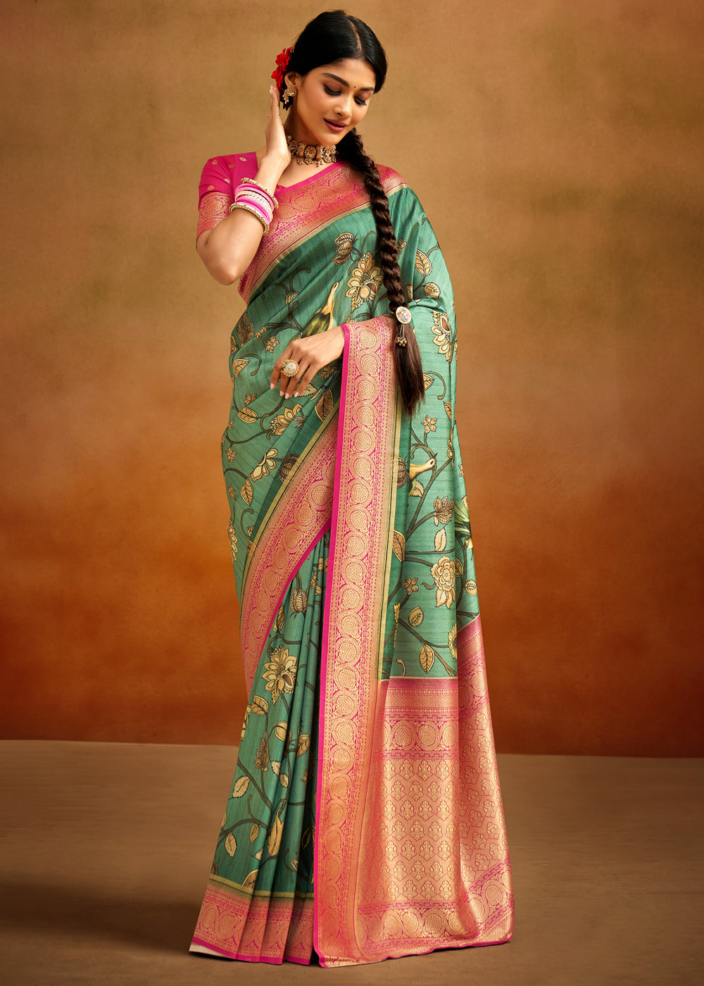 Buy MySilkLove Tom Thumb Green Woven Banarasi Kalamkari Silk Saree Online