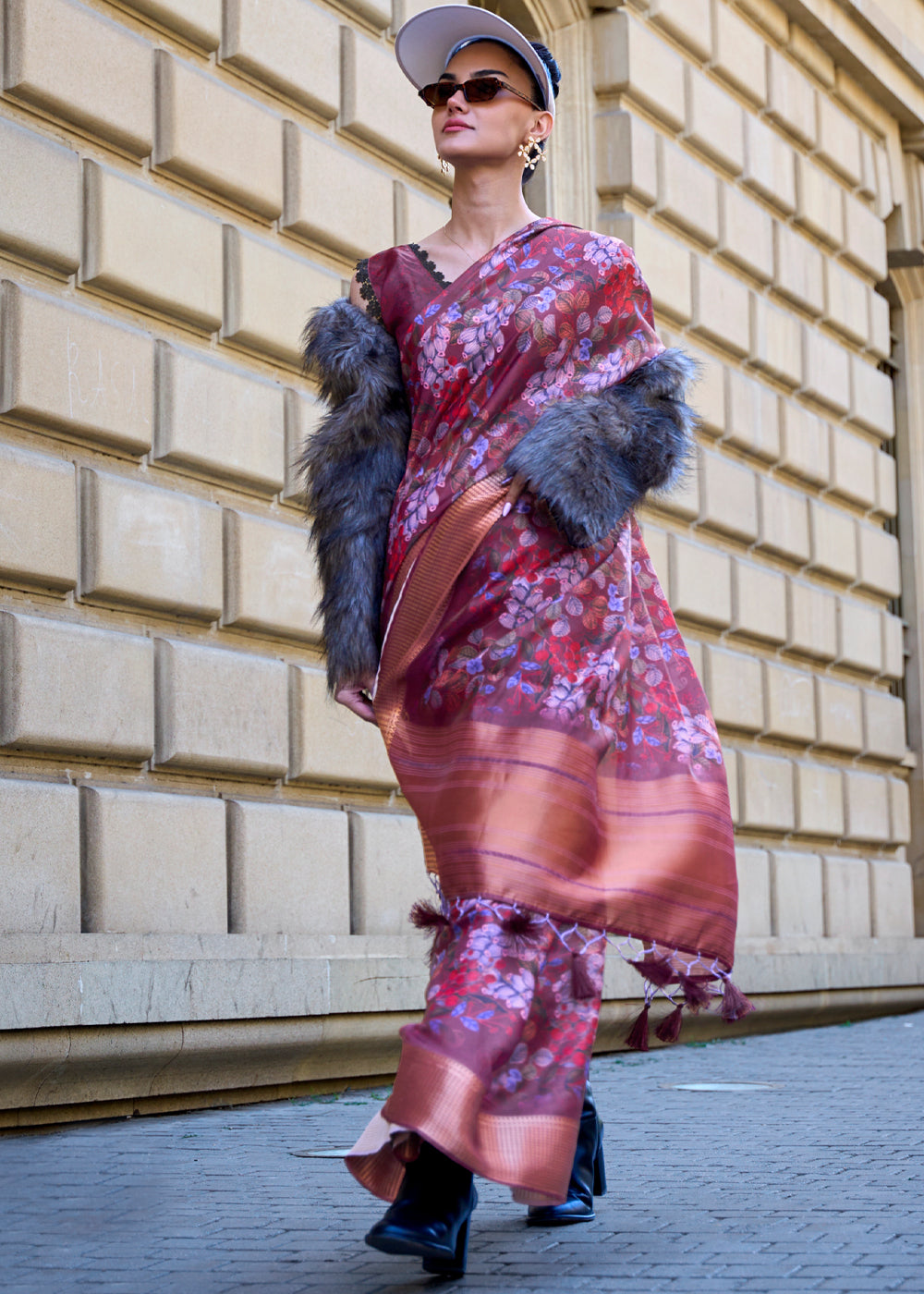 Buy MySilkLove Puce Purple Organza Printed Satin Silk Saree Online