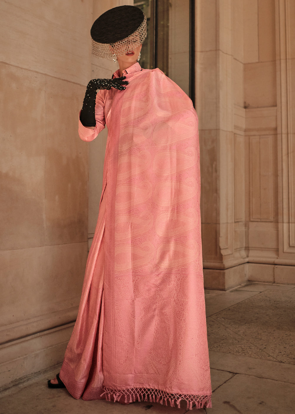 Buy MySilkLove Apricot Peach Woven Kanjivaram Satin Silk Saree Online