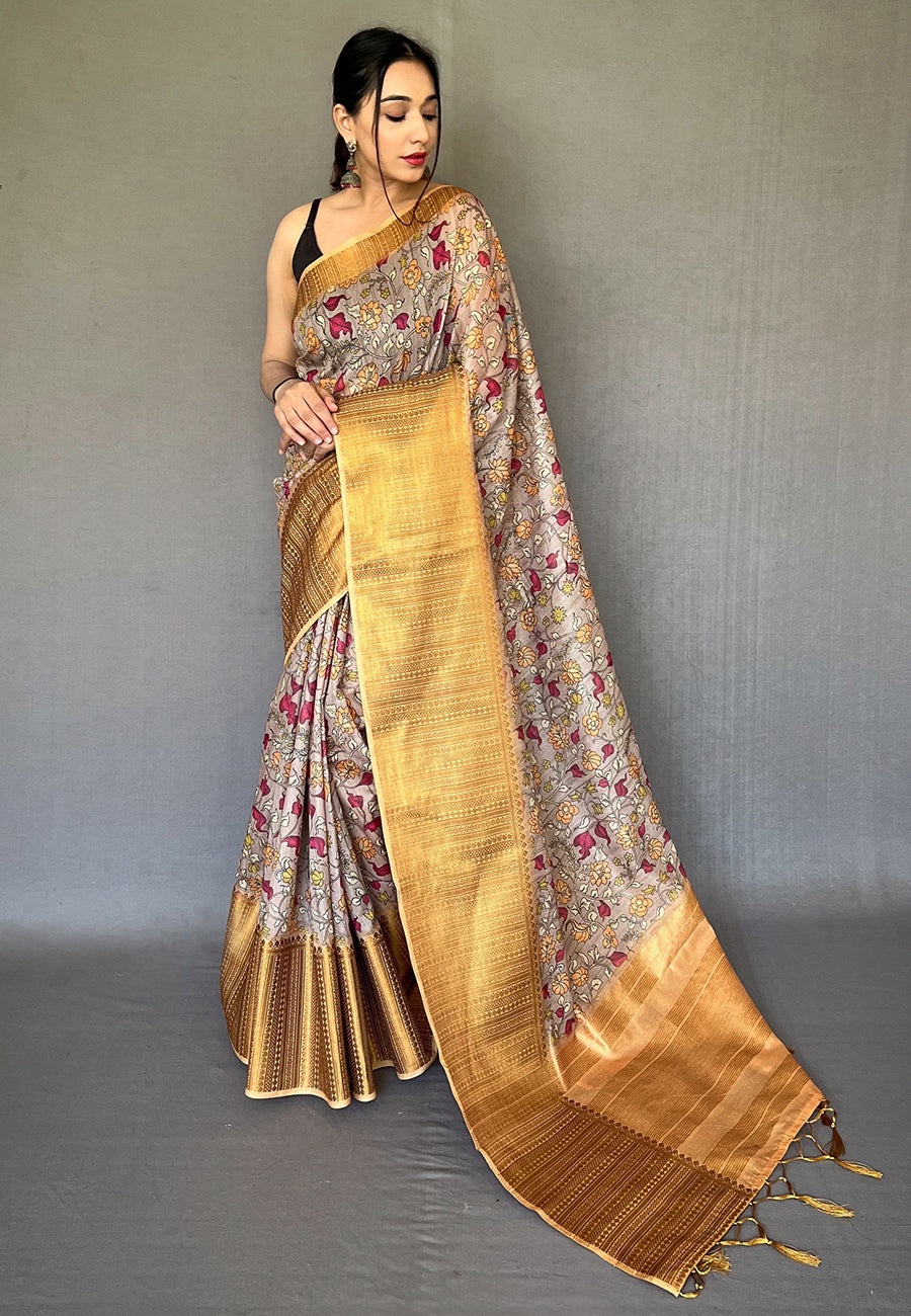 Buy MySilkLove Cashmere Brown Zari Woven Cotton Kalamkari Digital Printed Saree Online