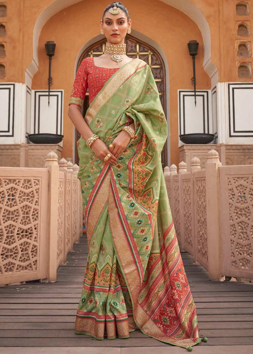 Buy MySilkLove Winter Hazel Green Printed Patola Silk Saree Online