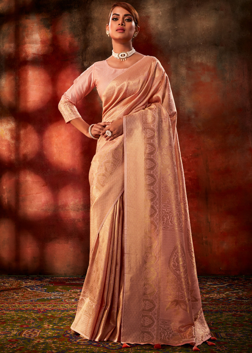 Buy MySilkLove Wax Flower Peach Woven Kanjivaram Silk Saree Online